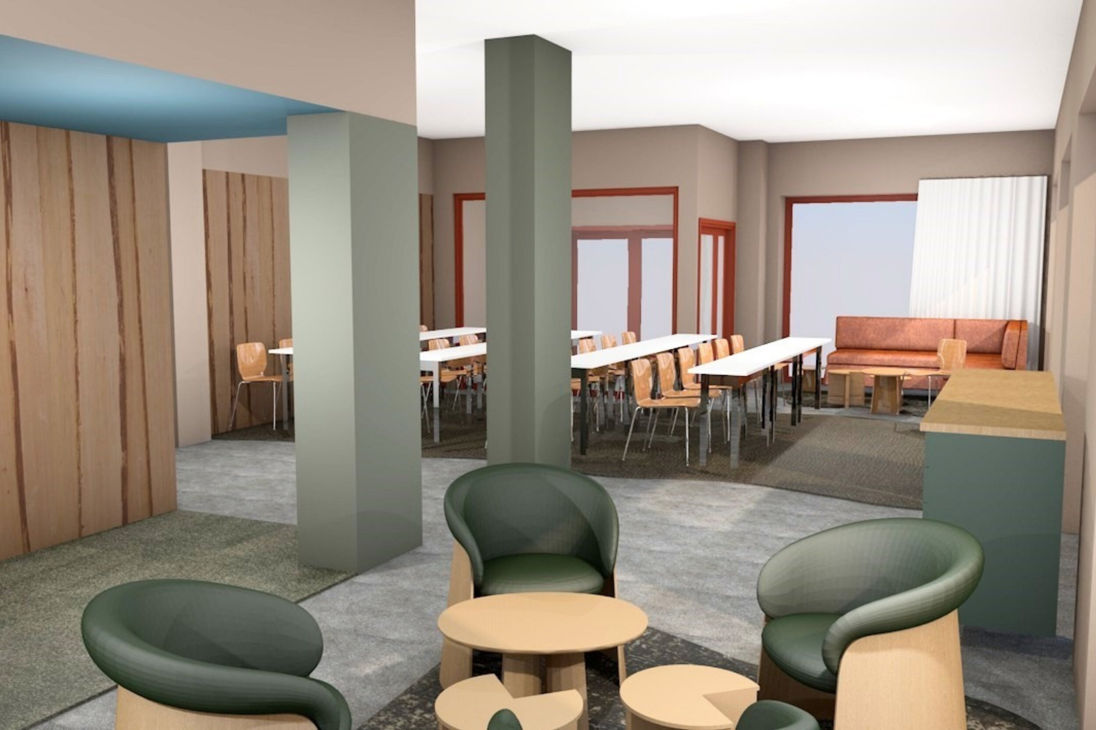 3D-mallinnus kokoushuoneesta, jossa on vihreitä nojatuoleja etualalla ja pöytiä tuoleineen taustalla. Tilassa on tasainen lattia ja avara pohjaratkaisu.