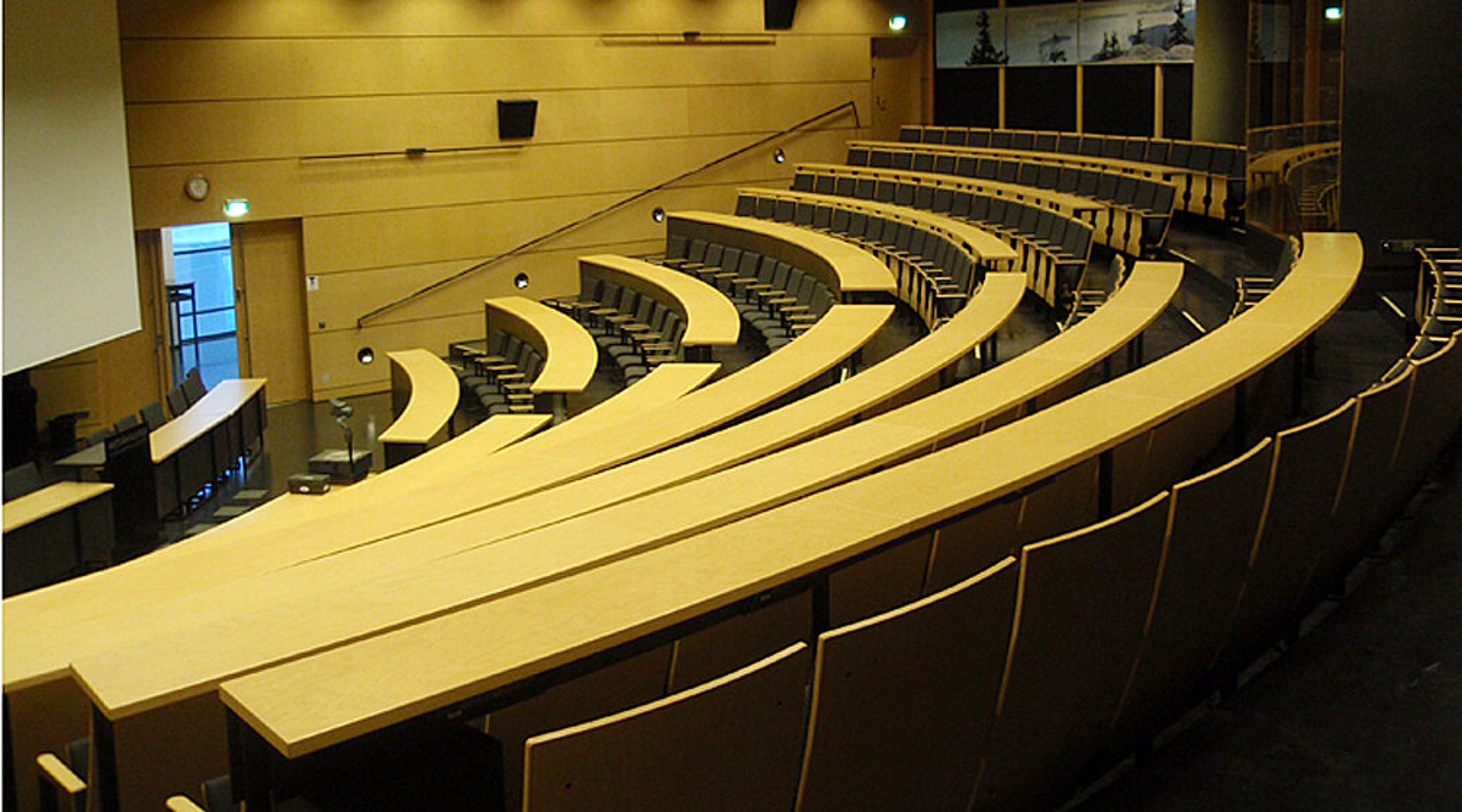 Modernt auditorium med stigande sittplatser i rader och träbänkar. Stolarna är ordnade i halvcirkelform med träytor framför.