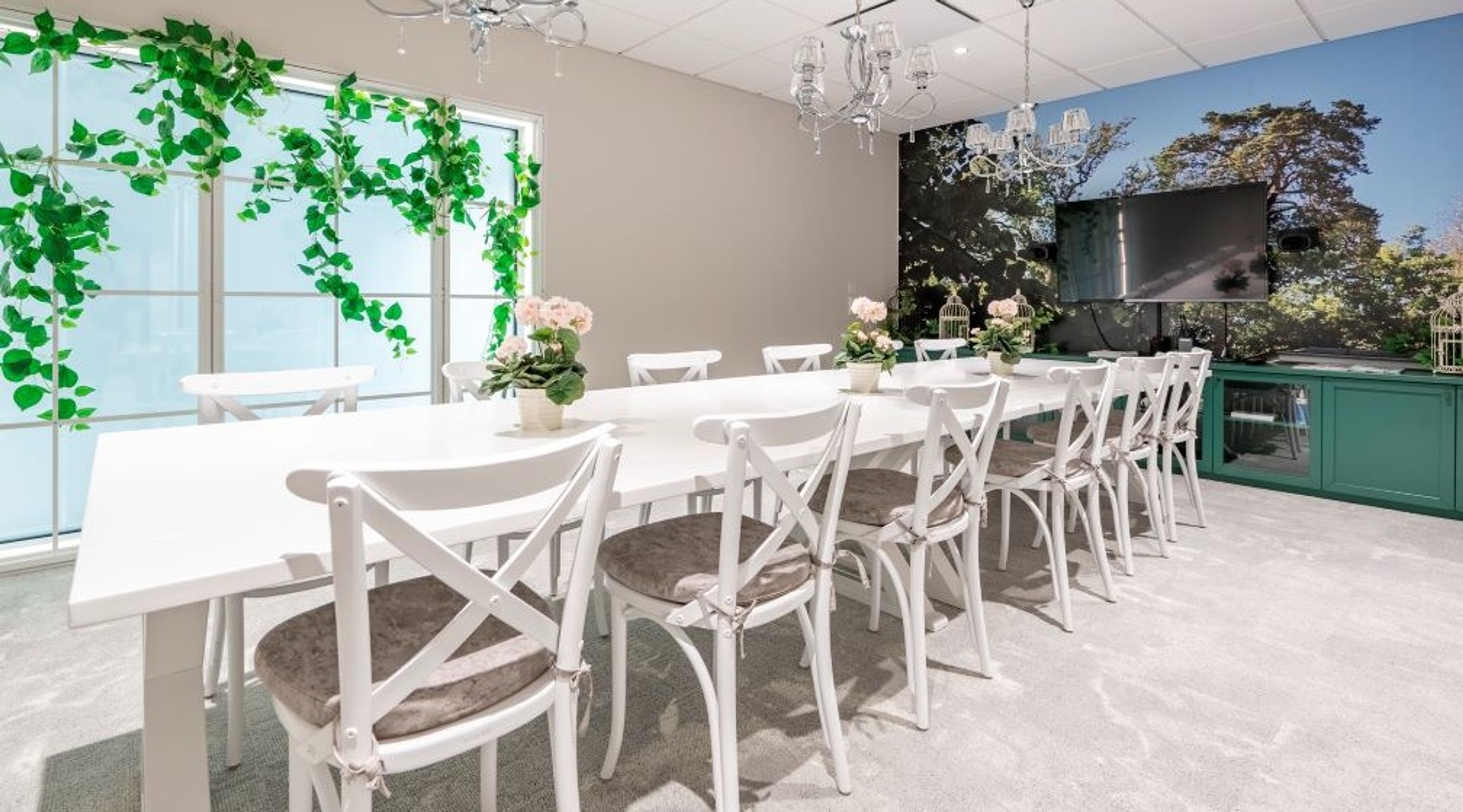 Bright meeting room with long white table and white chairs. Green plants hanging by windows, forest landscape wall mural and TV screen mounted on wall.