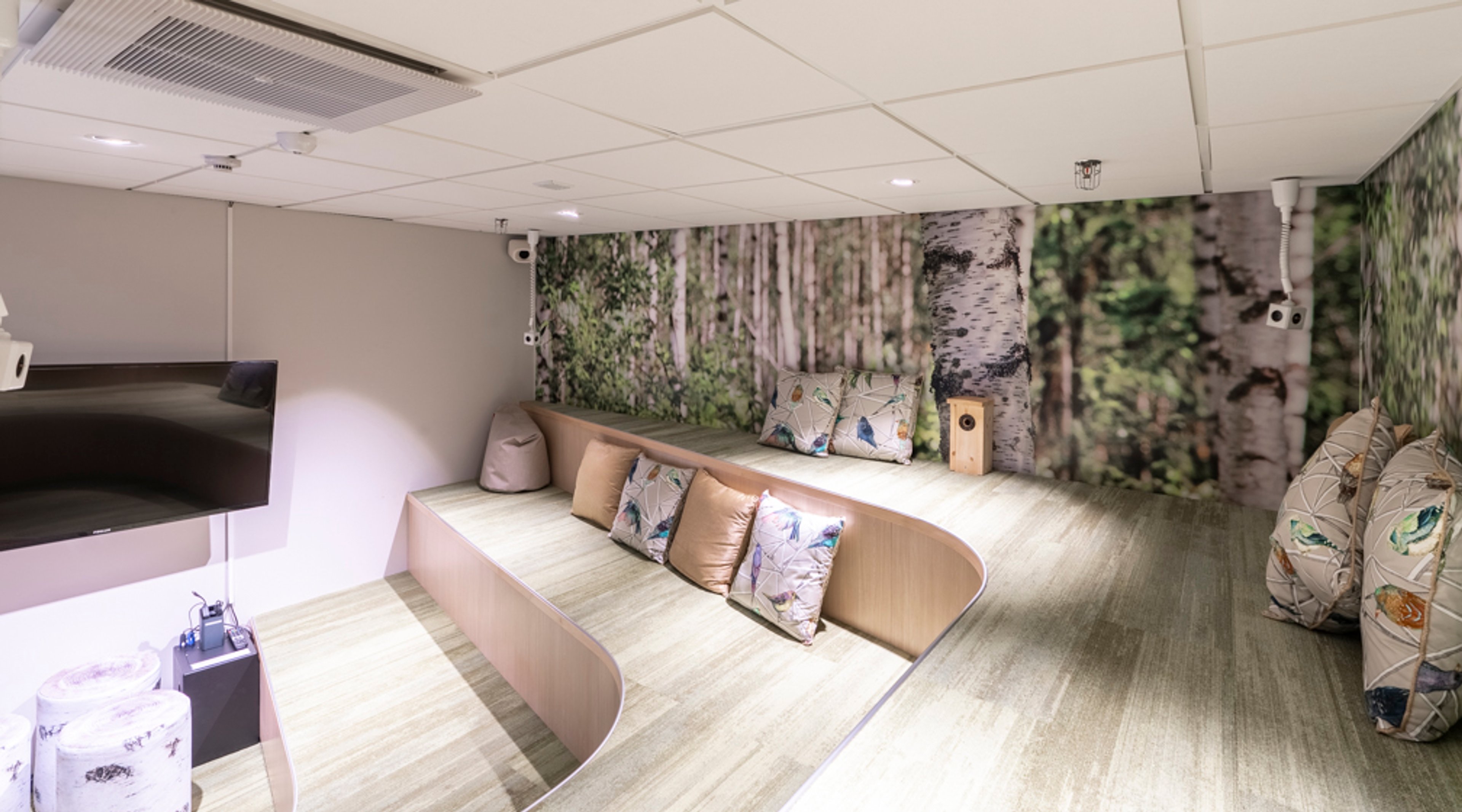 Relaxation room with wooden elevated seating area, cushions, and forest-themed wall mural background. The room features good lighting and a television.