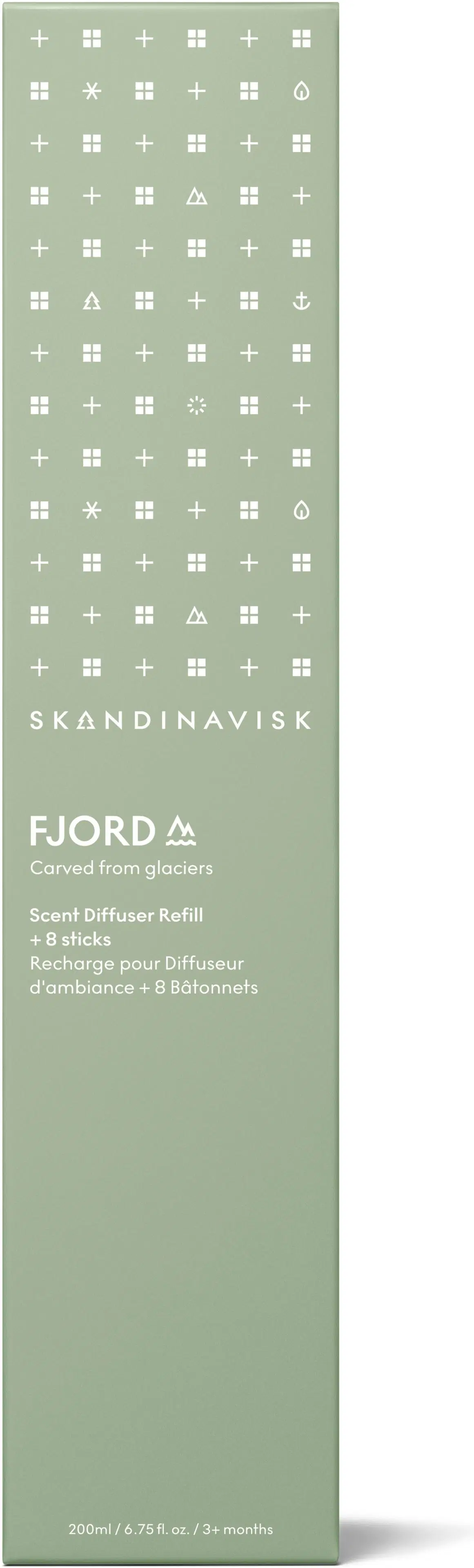 Skandinavisk FJORD Huonetuoksu täyttöpullo ruokotikuilla 200ml, vaaleanvihreä