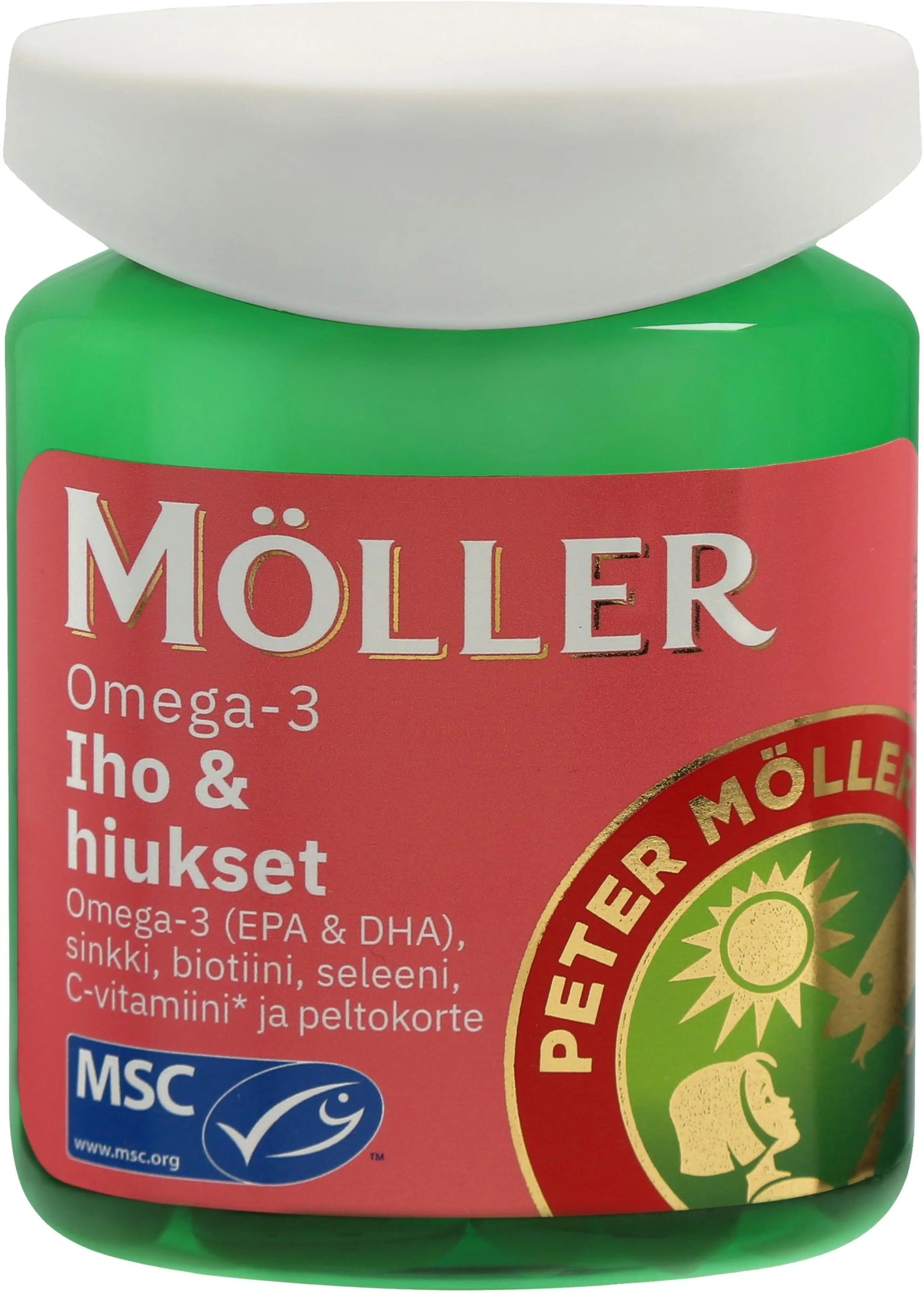 Möller Omega-3 Iho & hiukset Omega-3-rasvahappo-peltokorte-vitamiini-kivennäisainekapseli ravintolisä 76g/60kaps