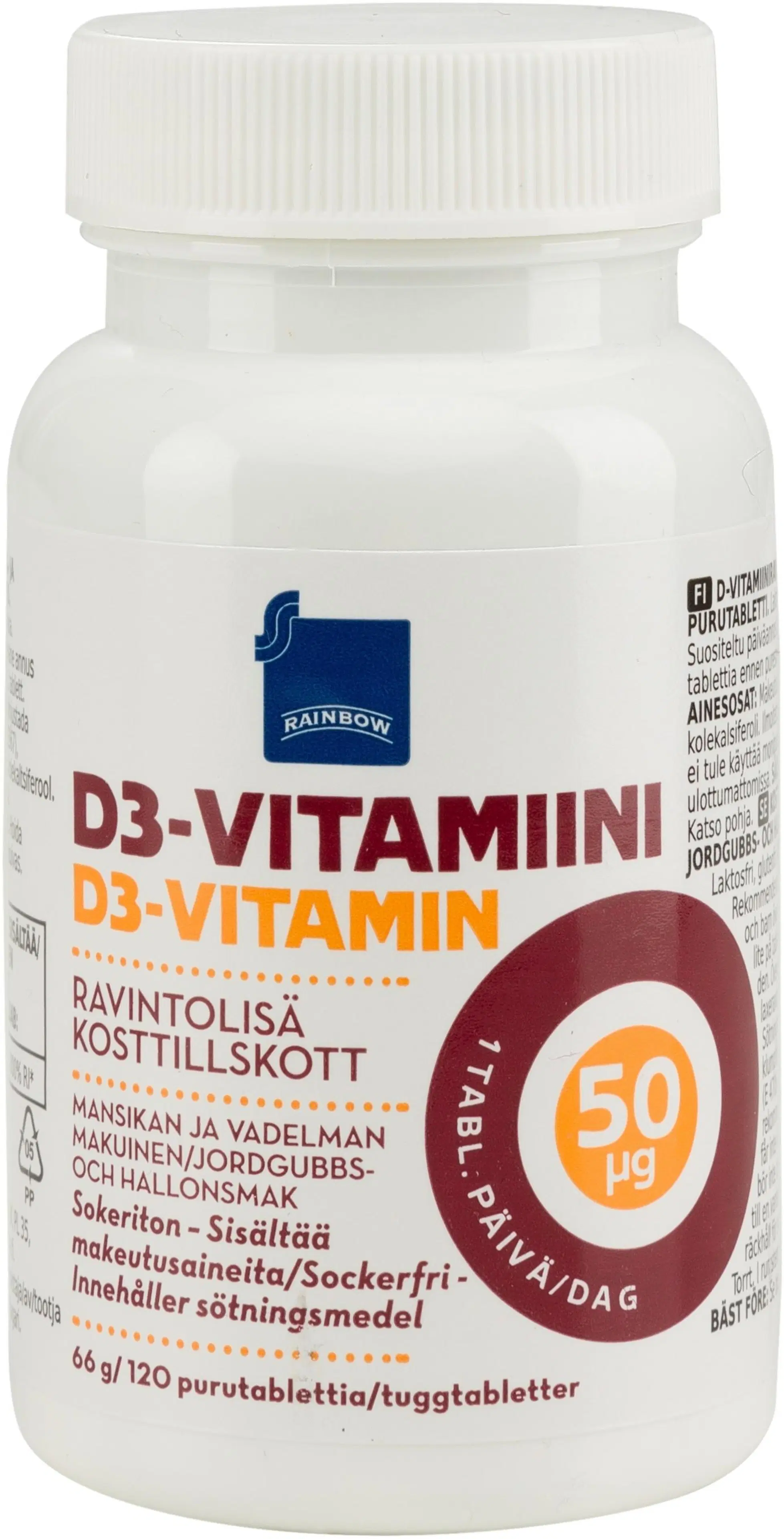 Rainbow D3-vitamiini 50μg ravintolisä 66g/120 purutablettia mansikan- ja vadelmanmakuinen
