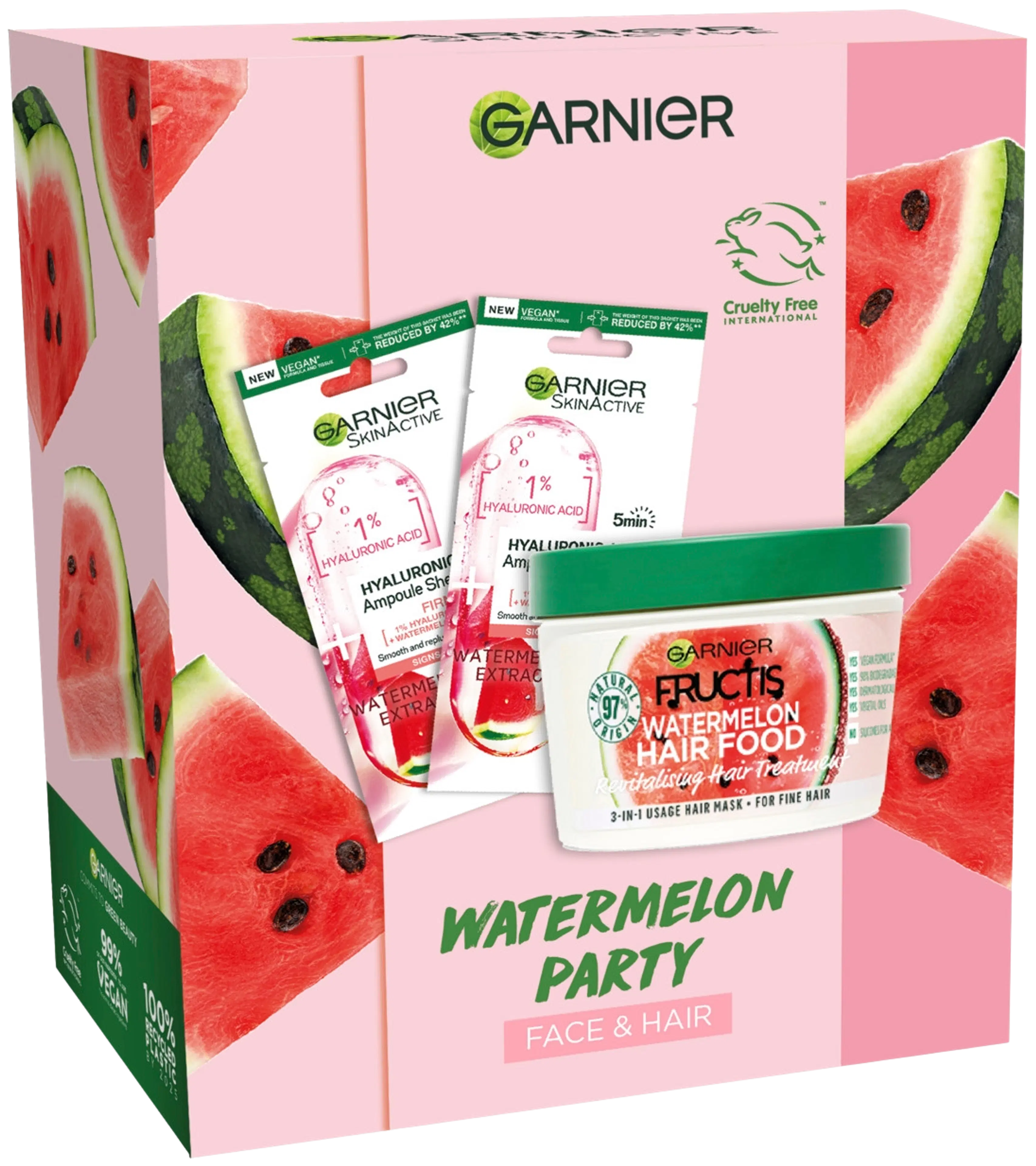 Garnier Watermelon Party Face & Hair lahjapakkaus - kangasnaamio 2 kpl ja hiusnaamio 390ml