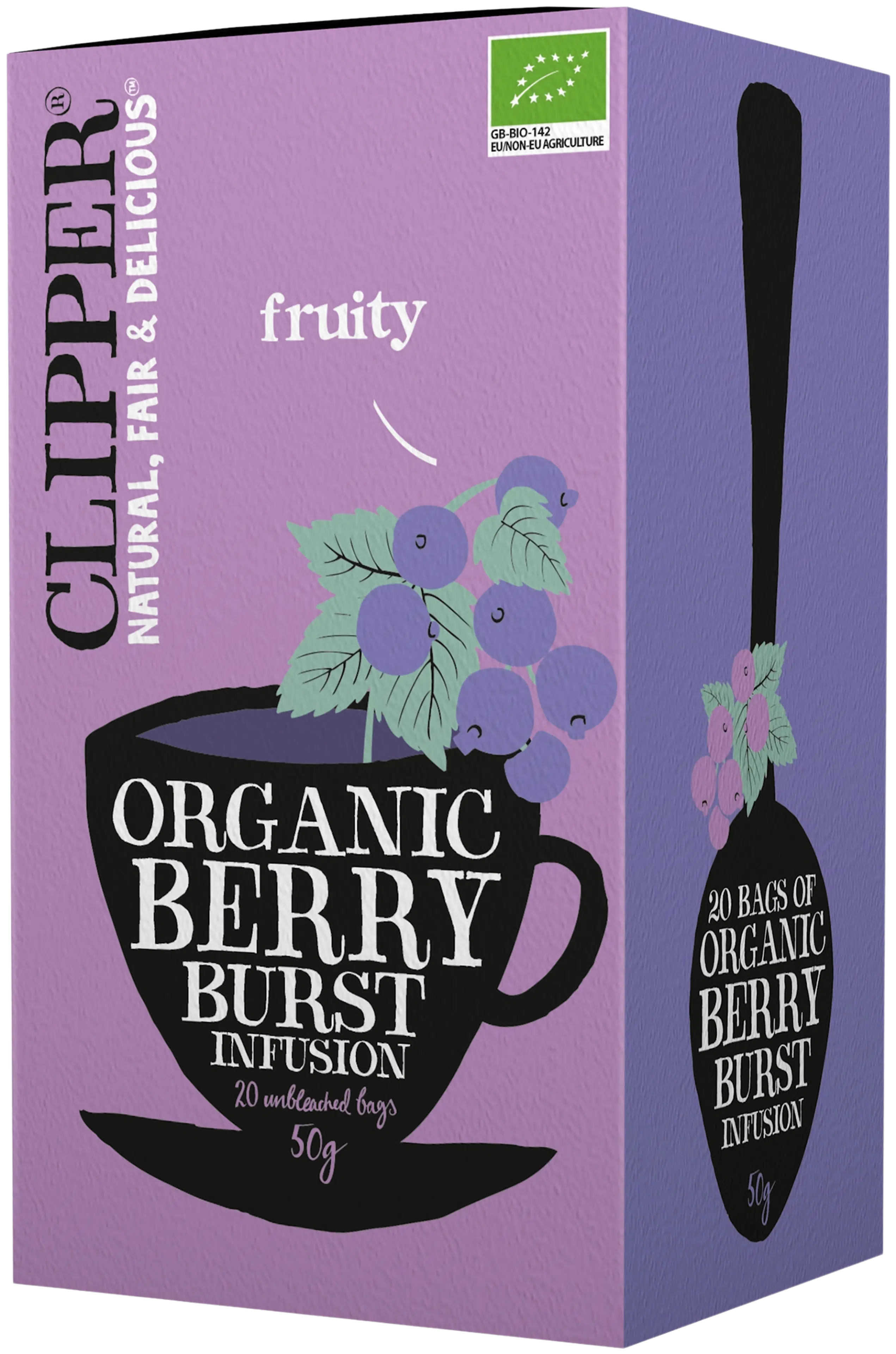 Clipper Berry Burst. Mustaherukan- ja vadelmanmakuinen maustettu luomuhauduke 50g / 20 pussia