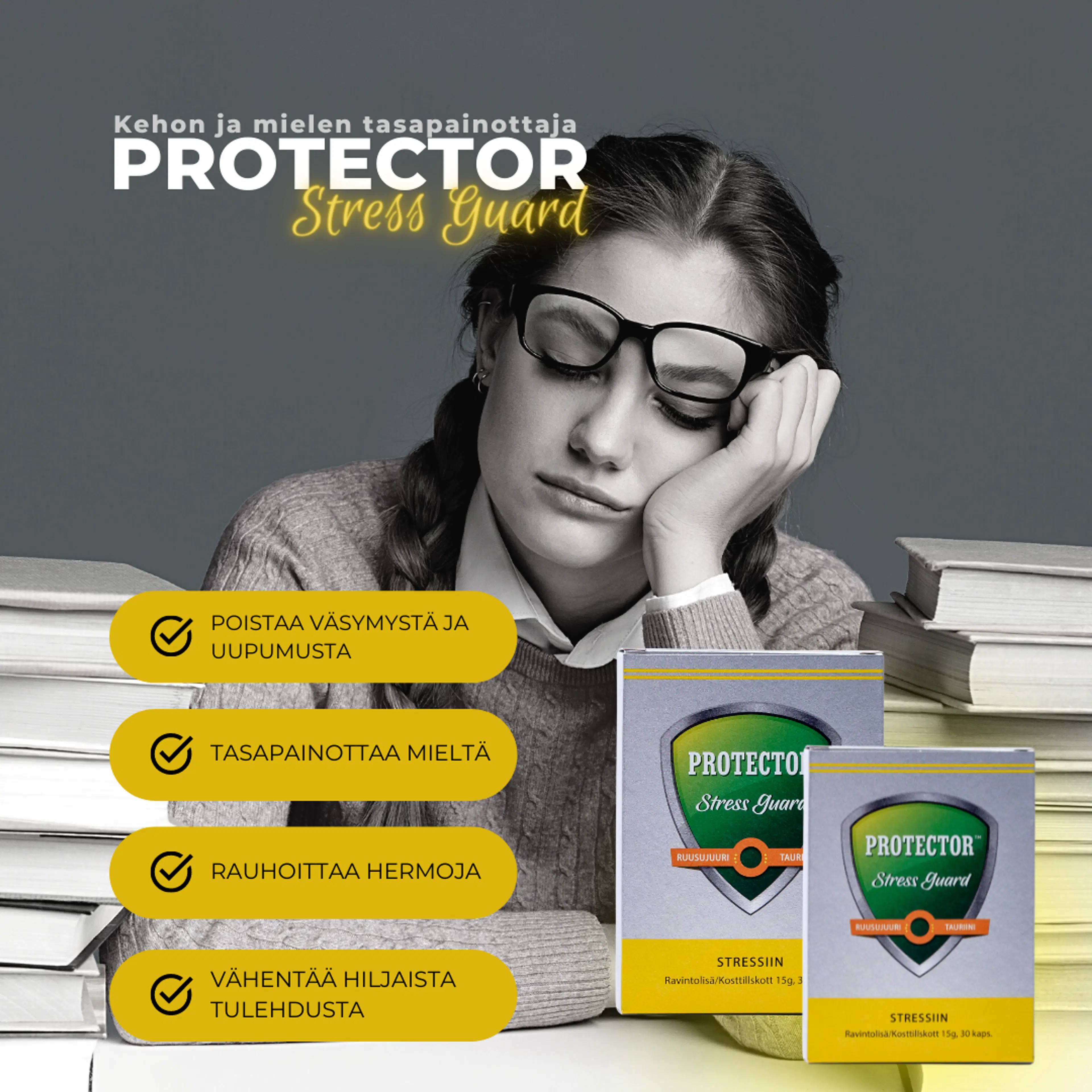 Protector™ Stress Guard Ruusujuuriuute-kaseiini-tauriini-melonikapseli ravintolisä 30 kaps.