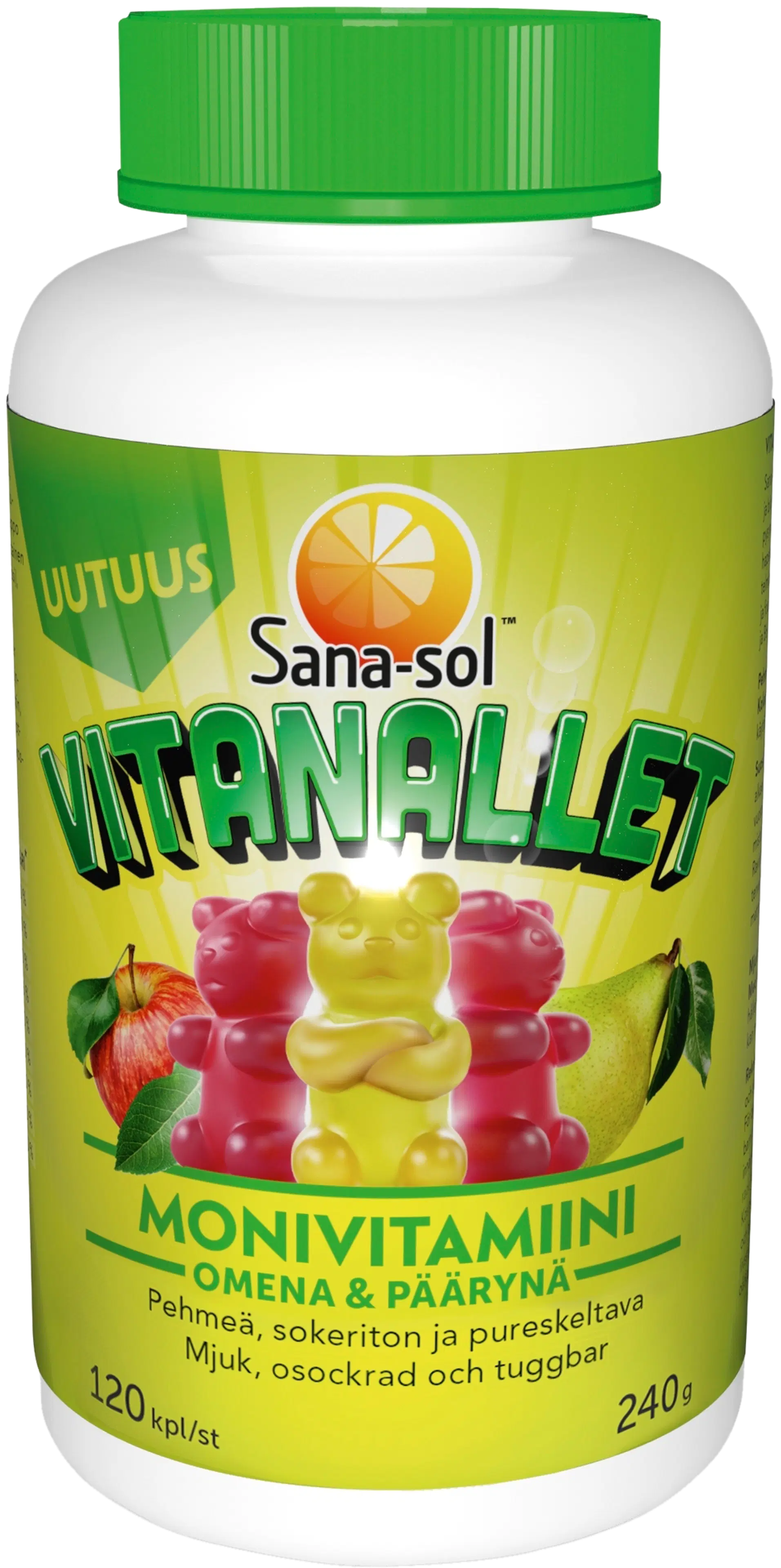 Sana-sol Vitanallet Omena & Päärynä pehmeä, sokeriton ja pureskeltava monivitamiinivalmiste 120kpl