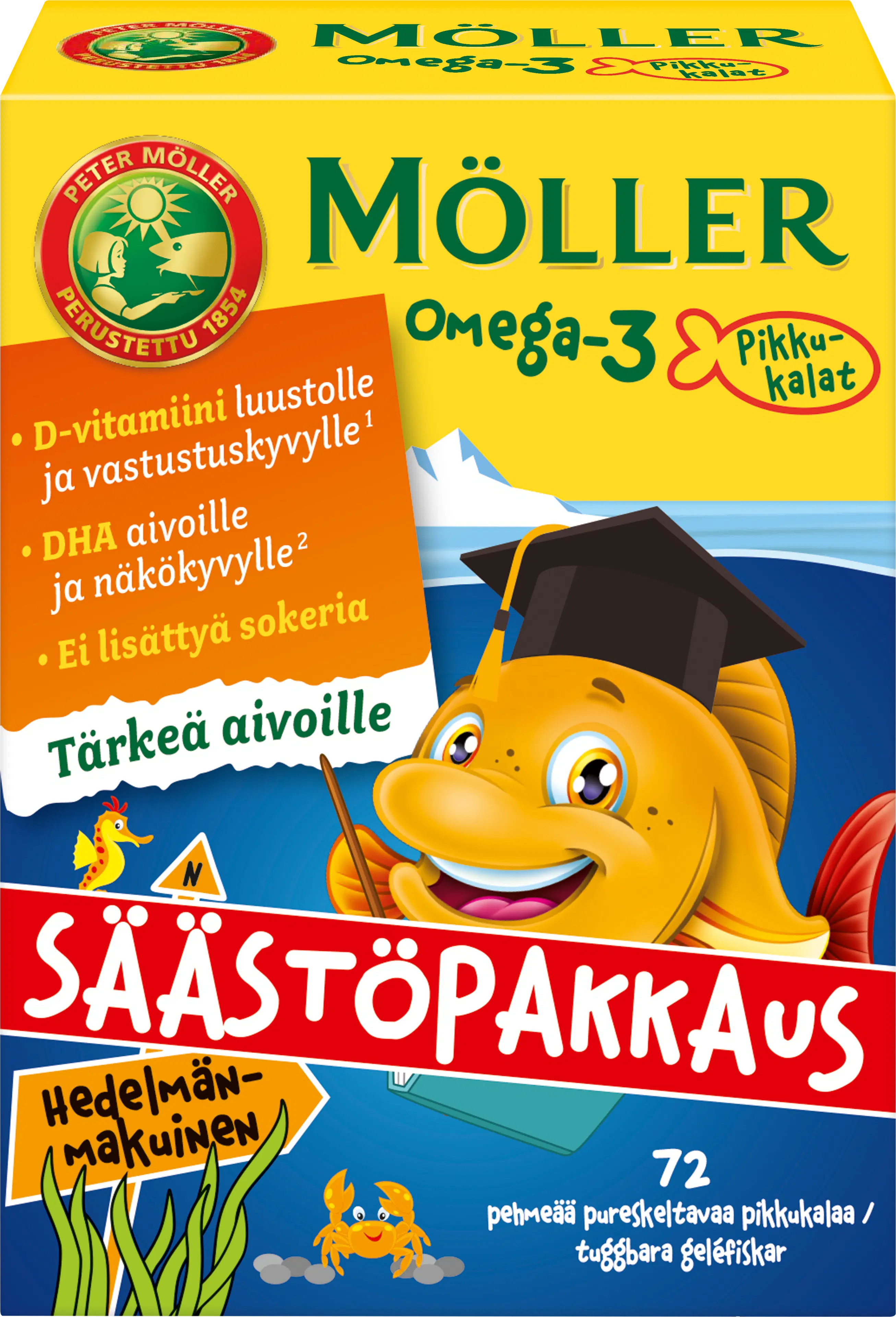 Möller Omega-3 Pikkukalat säästöpakkaus hedelmänmakuinen pehmeä pureskeltava 72kpl