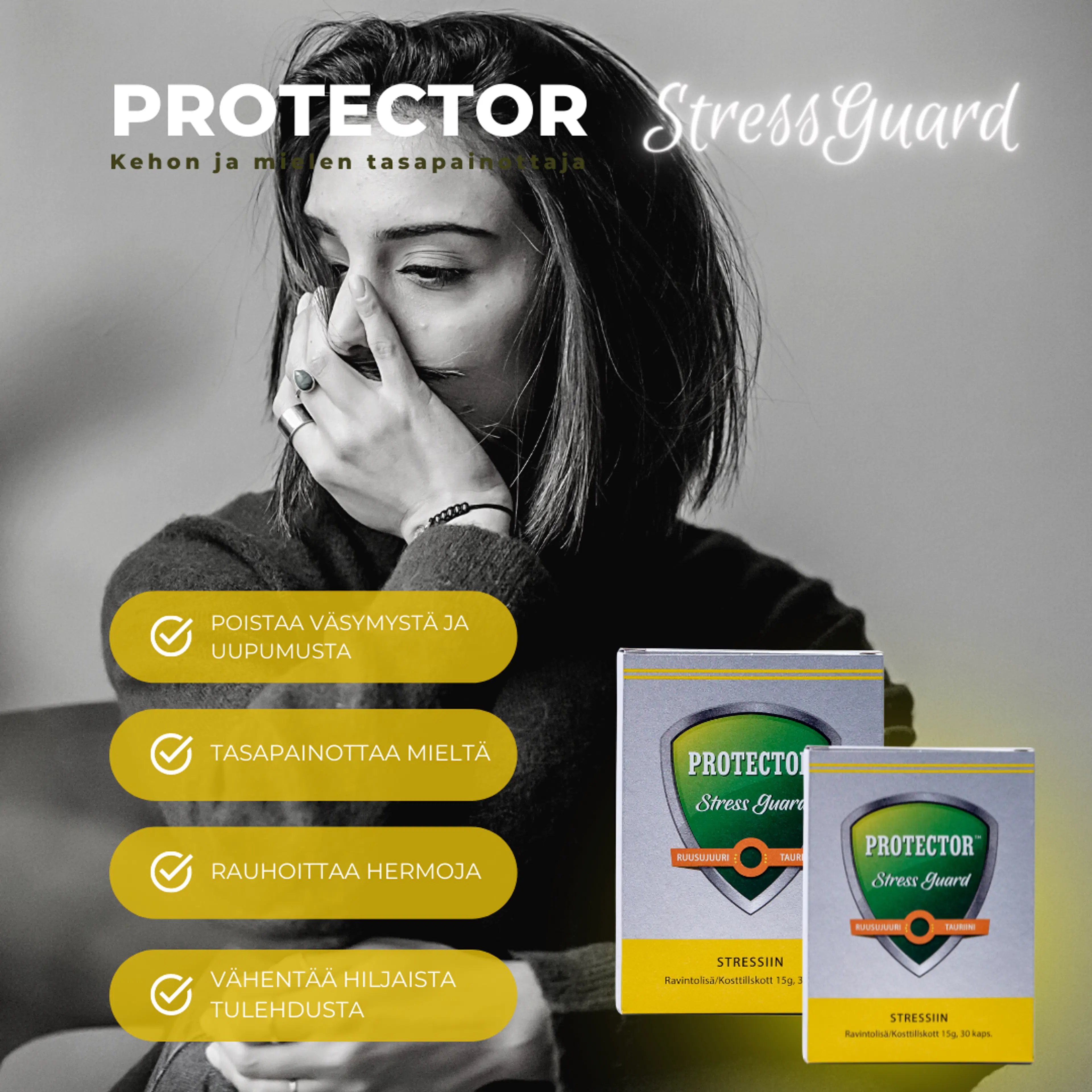 Protector™ Stress Guard Ruusujuuriuute-kaseiini-tauriini-melonikapseli ravintolisä 30 kaps.