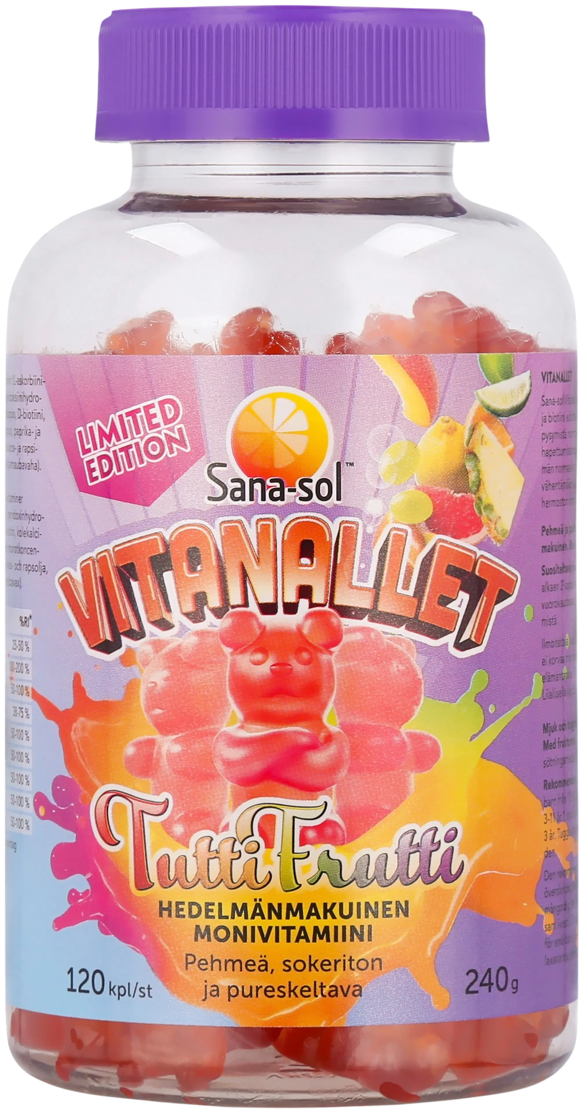 Sana-sol Vitanallet Tuttifrutti Limited Edition pehmeä, sokeriton ja pureskeltava hedelmänmakuinen monivitamiinivalmiste ravintolisä 120kpl / 240g