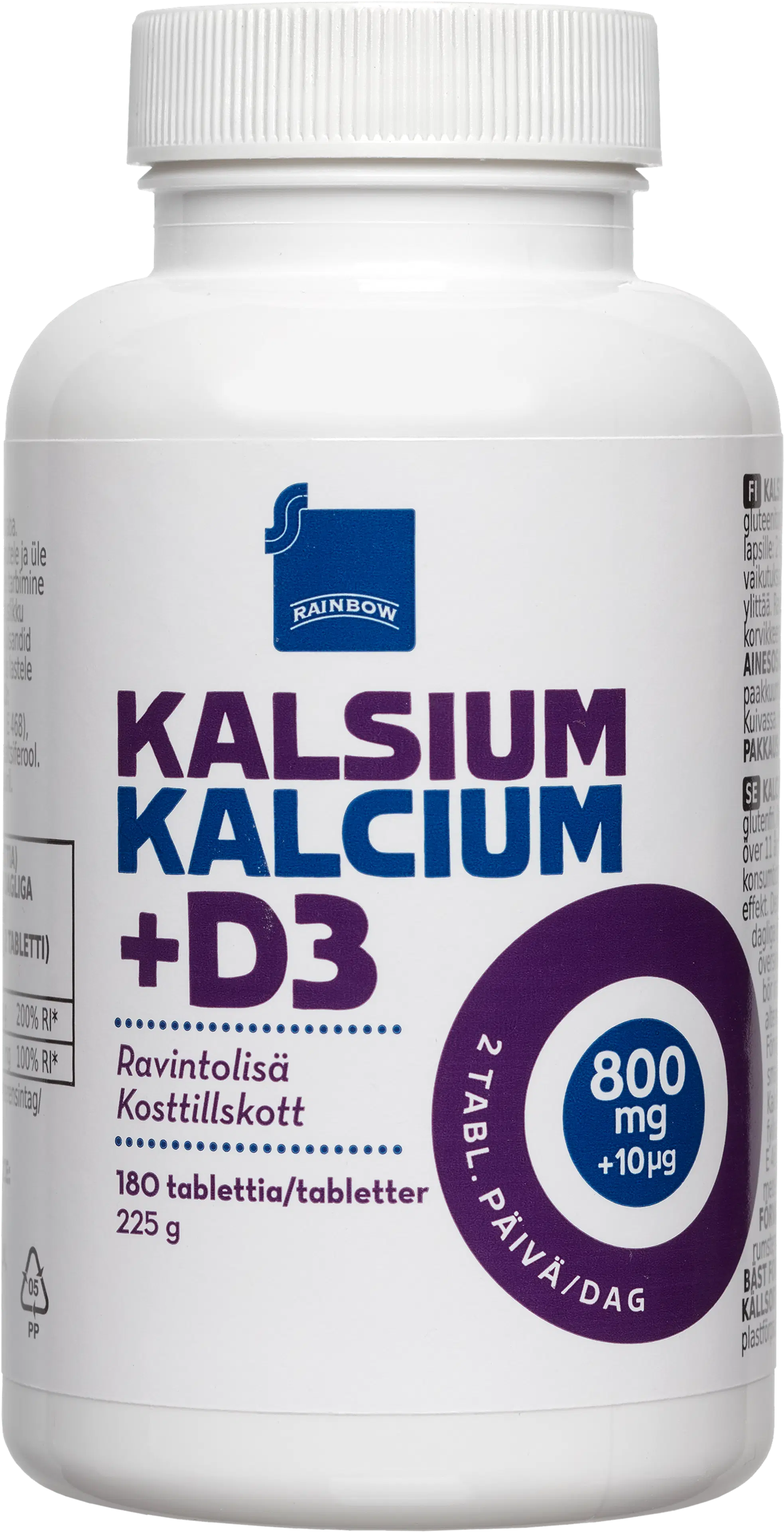 Rainbow kalsium- ja D-vitamiinivalmiste 800mg + 10µg ravintolisä 180kpl/225g