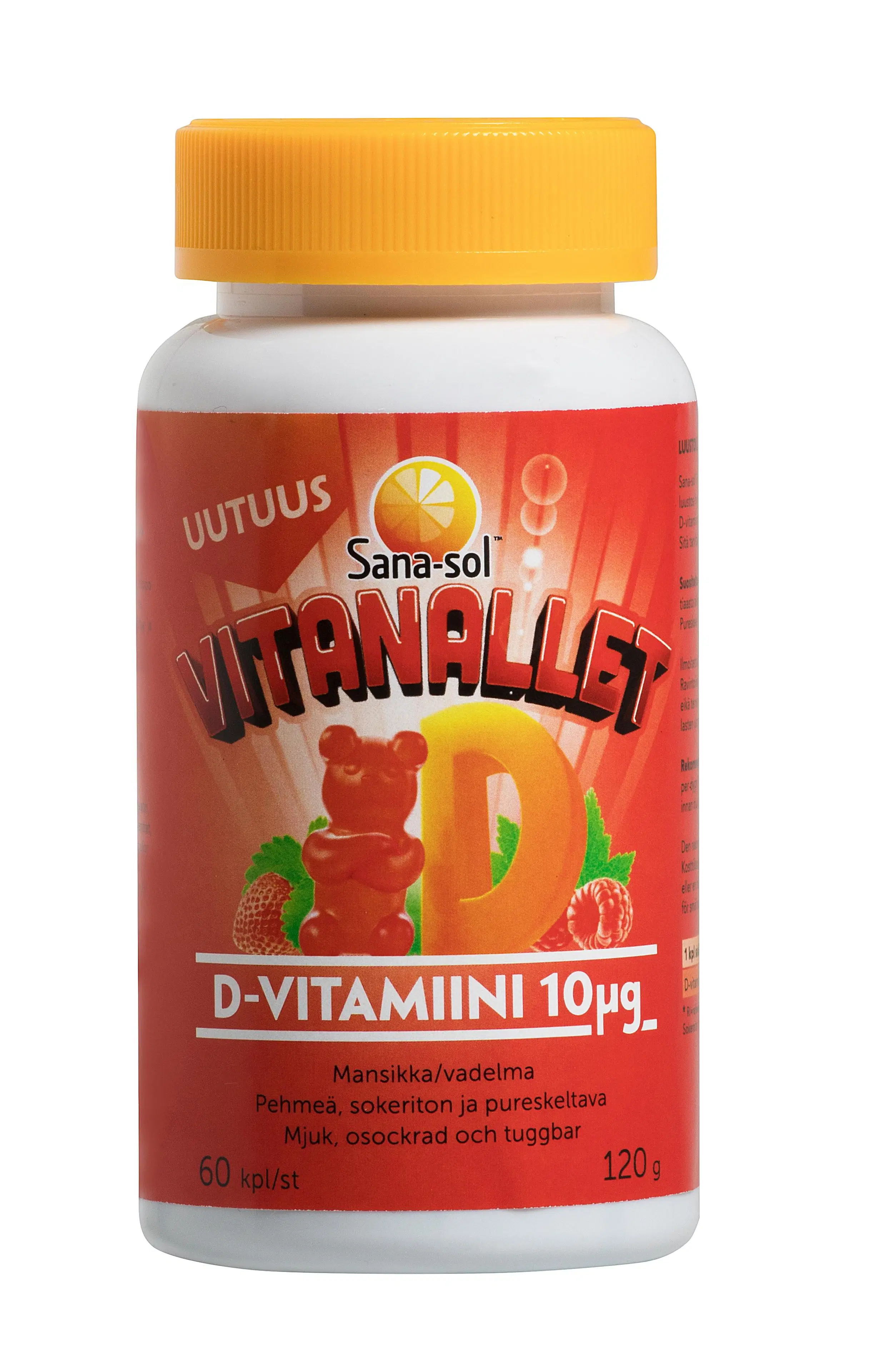 Sana-sol Vitanallet D-vitamiini 10µg Mansikka/vadelma pehmeä, sokeriton ja pureskeltava D-vitamiinivalmiste 60kpl
