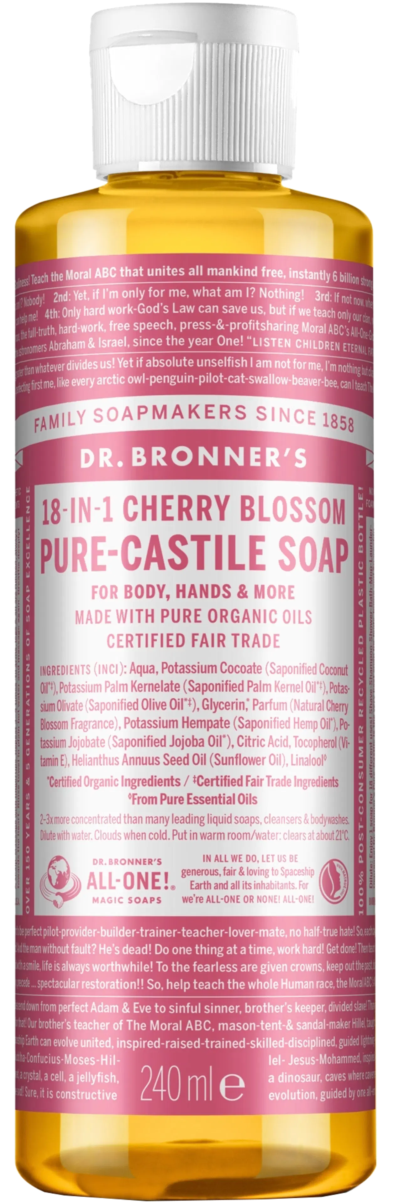 Dr Bronner's 18 in 1 Pure Castile liquid soap Cherry Blossom Kastilian nestesaippua kirsikankukka 240 ml