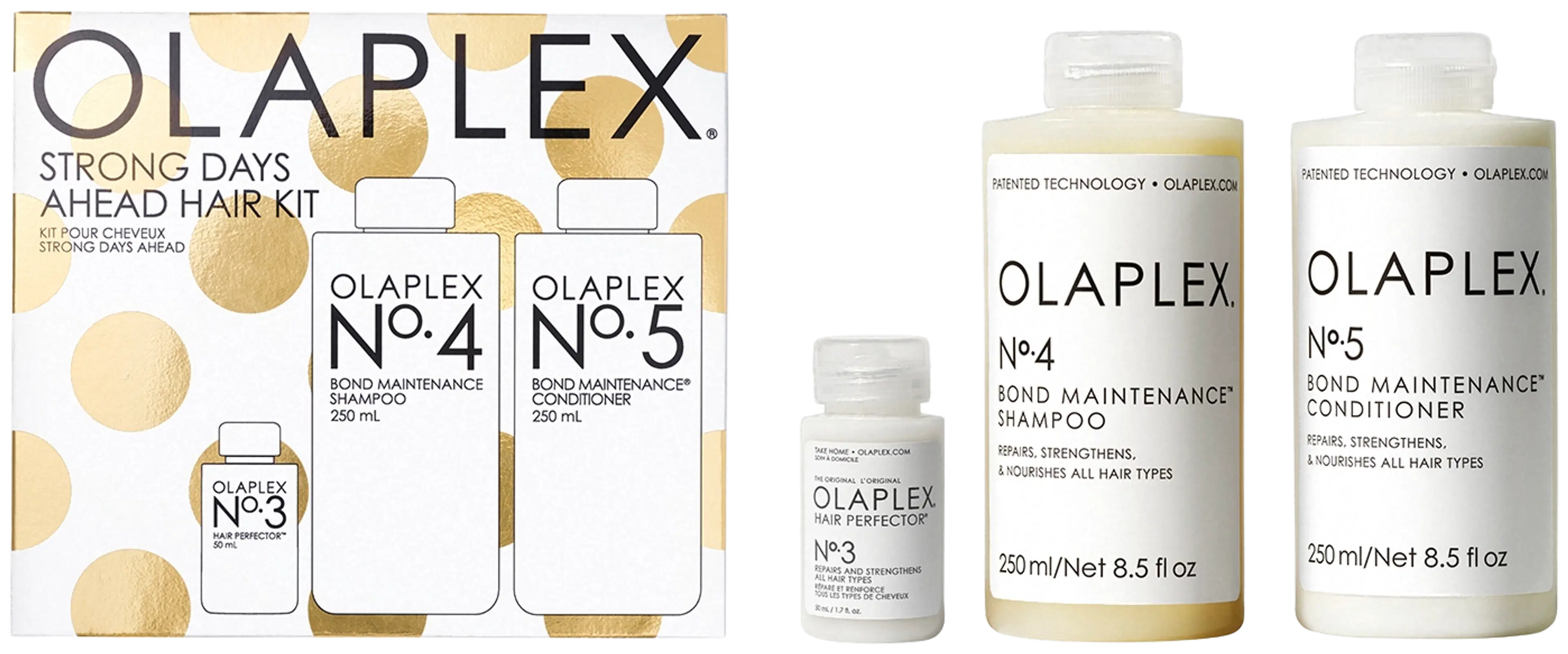 Olaplex No.3  Hair Perfector 50ml, No.4 Shampoo 250ml ja No.5 Conditioner 250ml lahjapakkaus