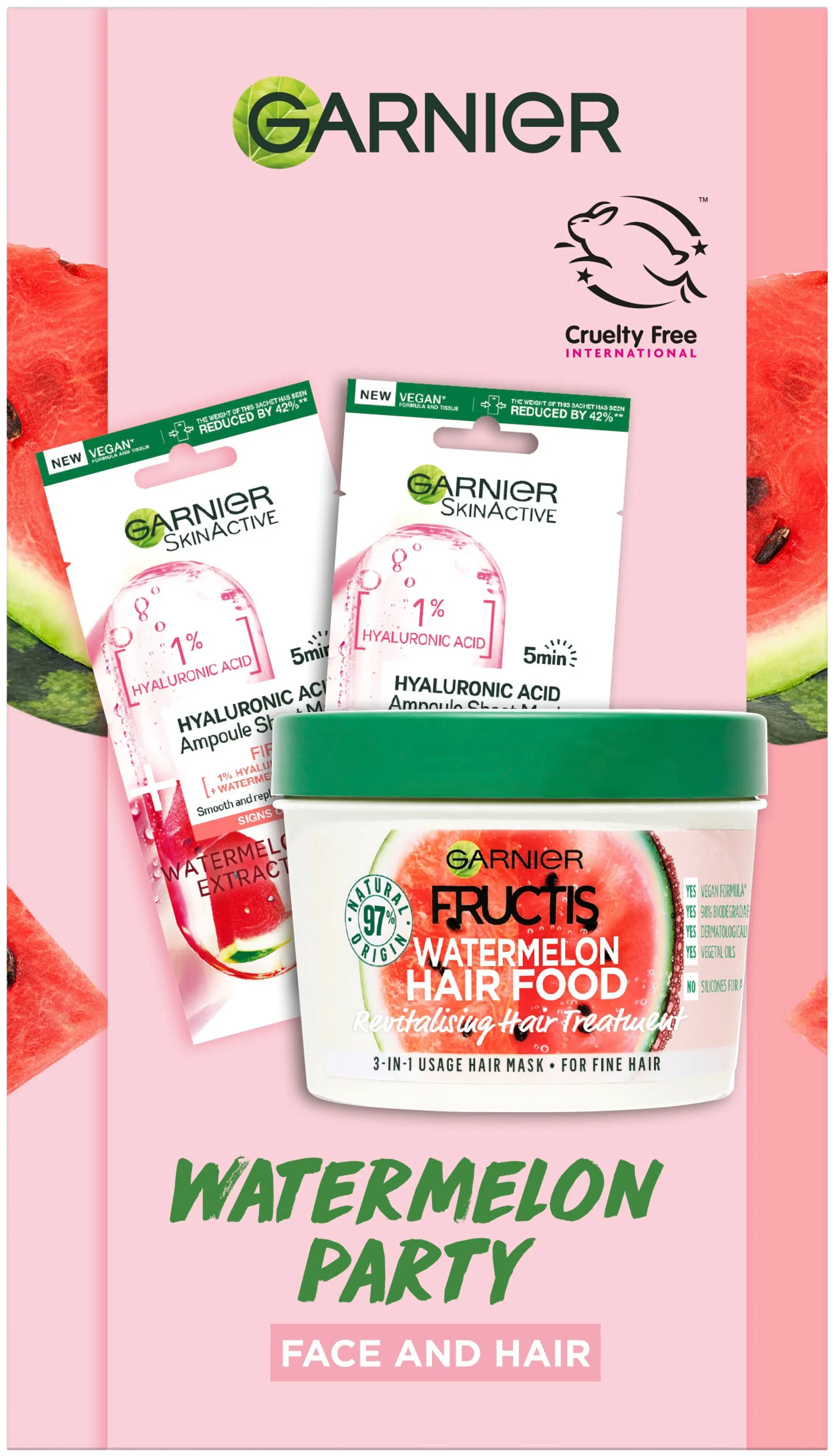 Garnier Watermelon Party Face & Hair lahjapakkaus - kangasnaamio 2 kpl ja hiusnaamio 390ml