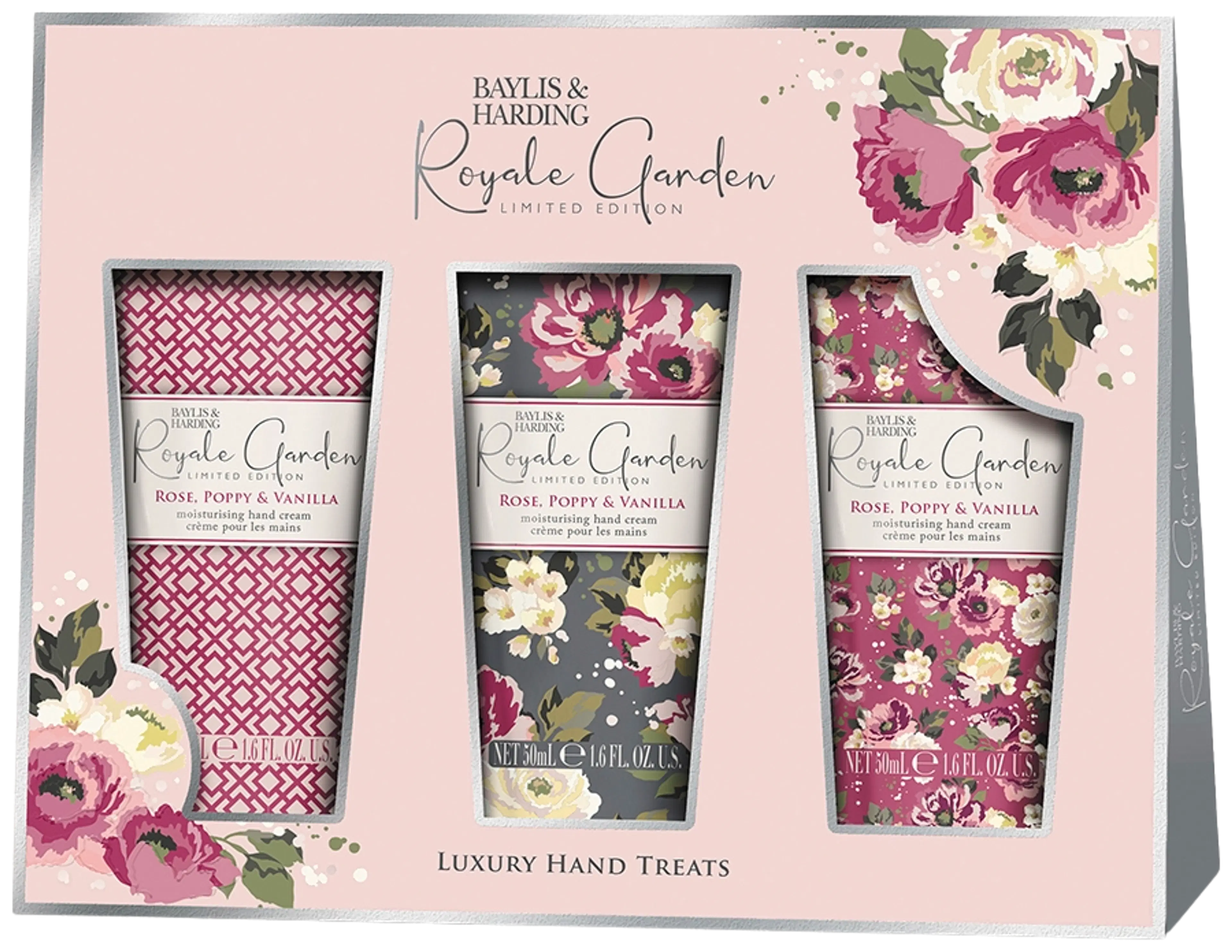 Baylis & Harding Royale Garden Rose, Poppy & Vanilla Assorted 3 Hand Cream Set -lahjapakkaus