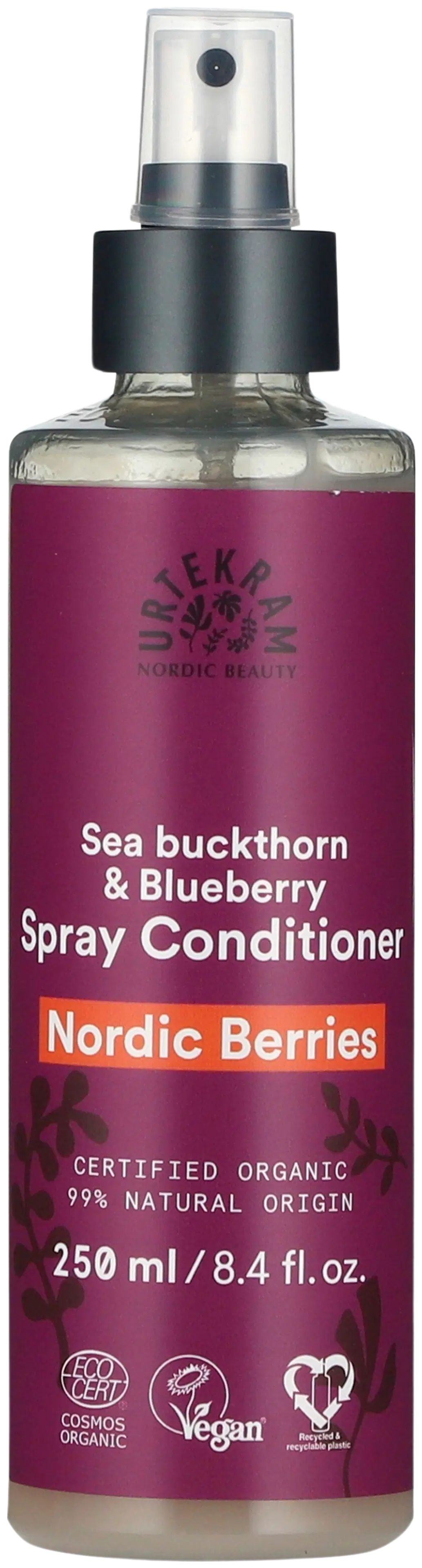 Urtekram luomu Nordic Berries hiuksiin jätettävä spray hoitoaine 250ml