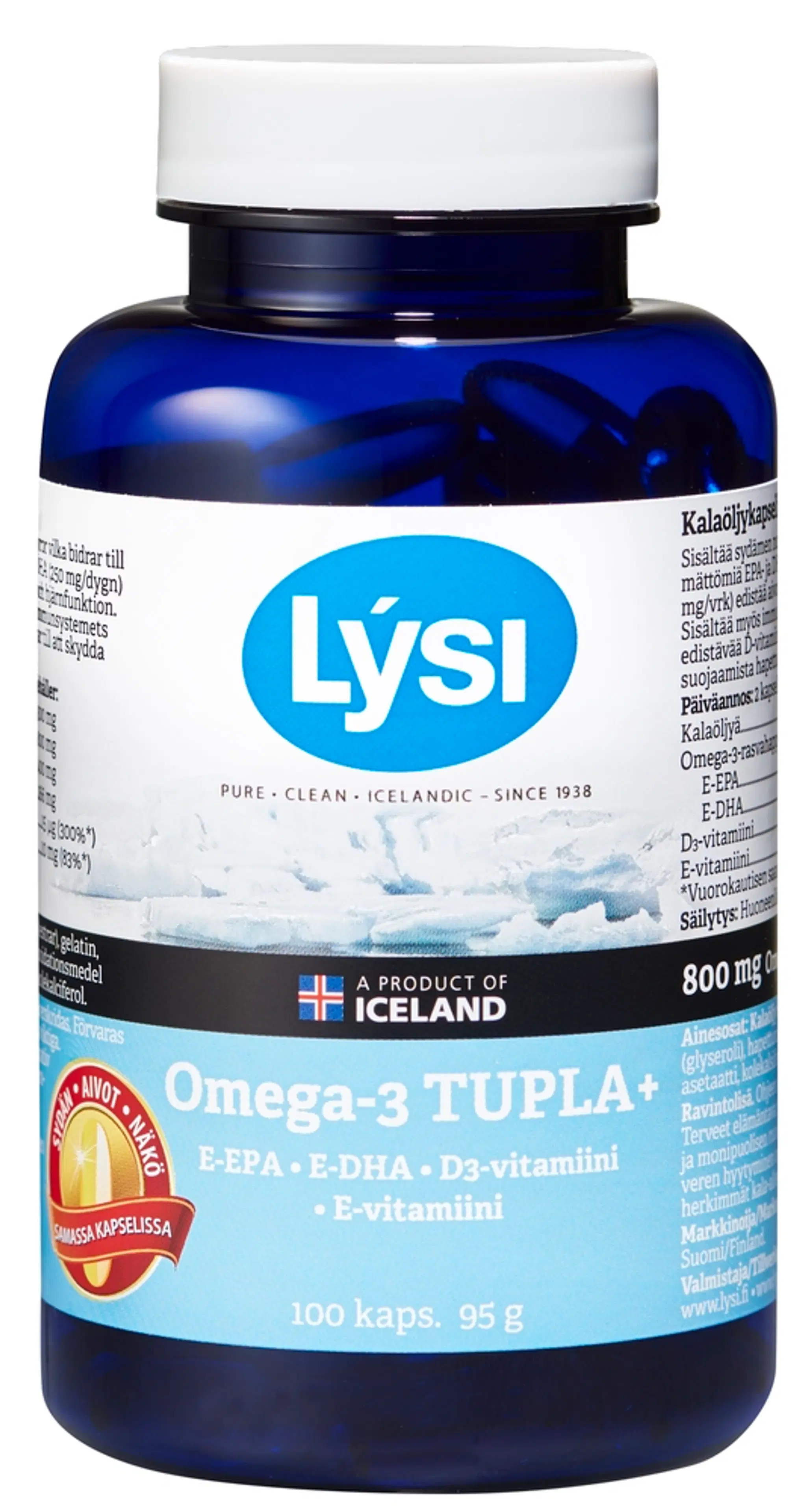 Lysi Omega-3 Tupla+ kalaöljy-vitamiinikapseli 100kaps 95g ravintolisä