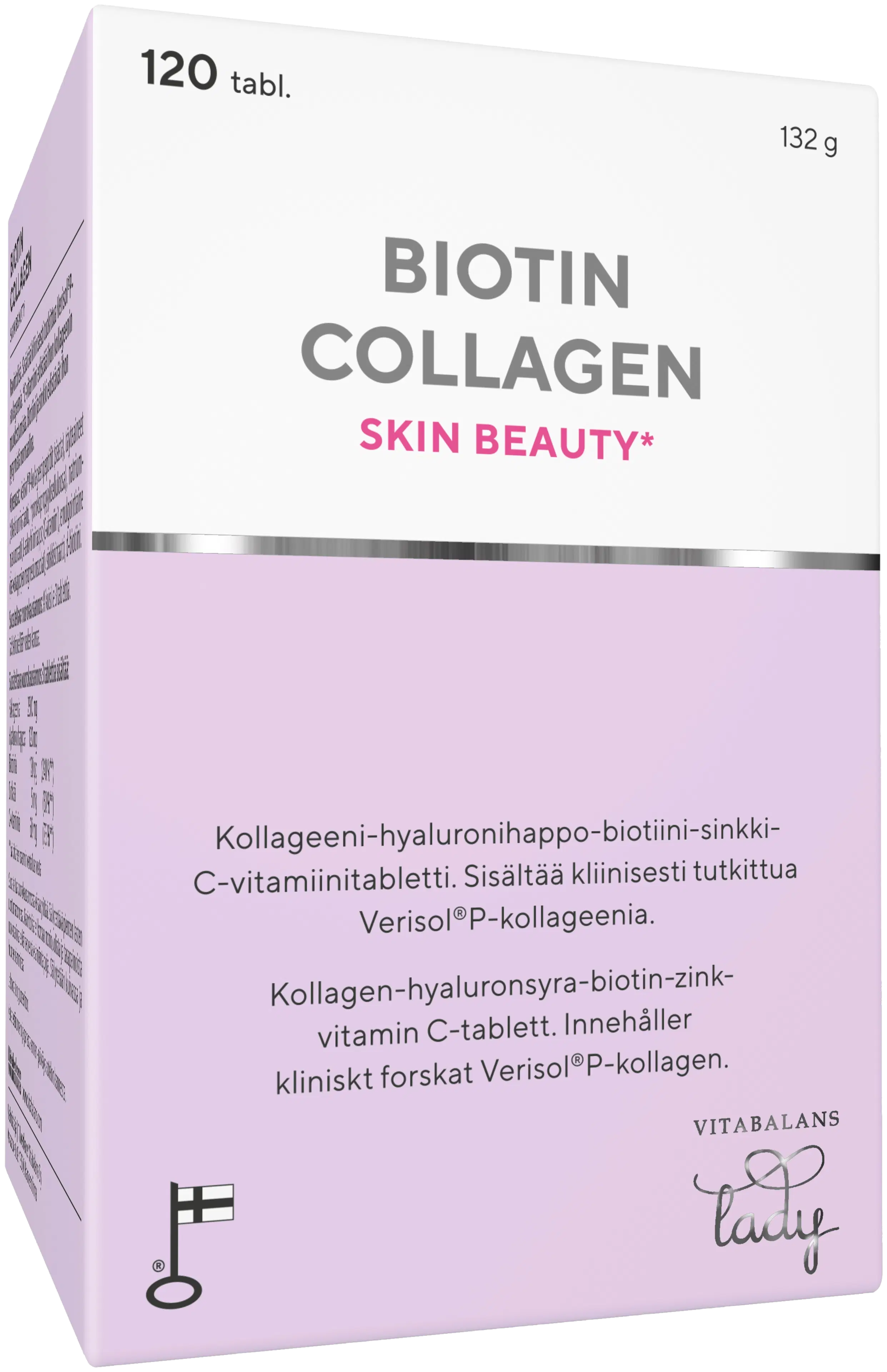 Biotin Collagen 120 tabl., kotimainen kollageeni-hyaluronihappo-biotiini-sinkki-C-vitamiini tabletti,  Vitabalans