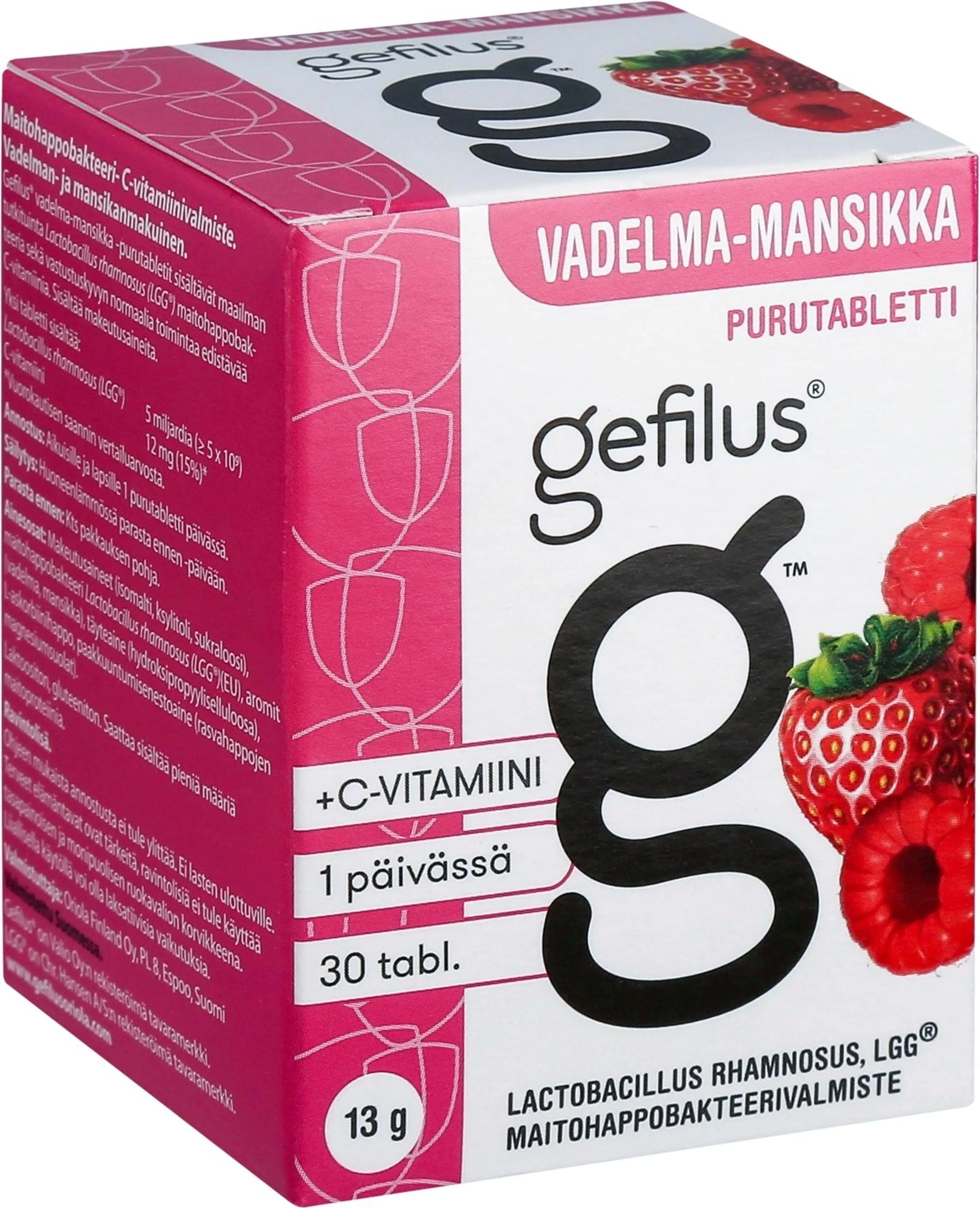 Gefilus vadelma-mansikka maitohappobakteeri-C-vitamiinivalmiste purutabletti 30tabl 13g ravintolisä