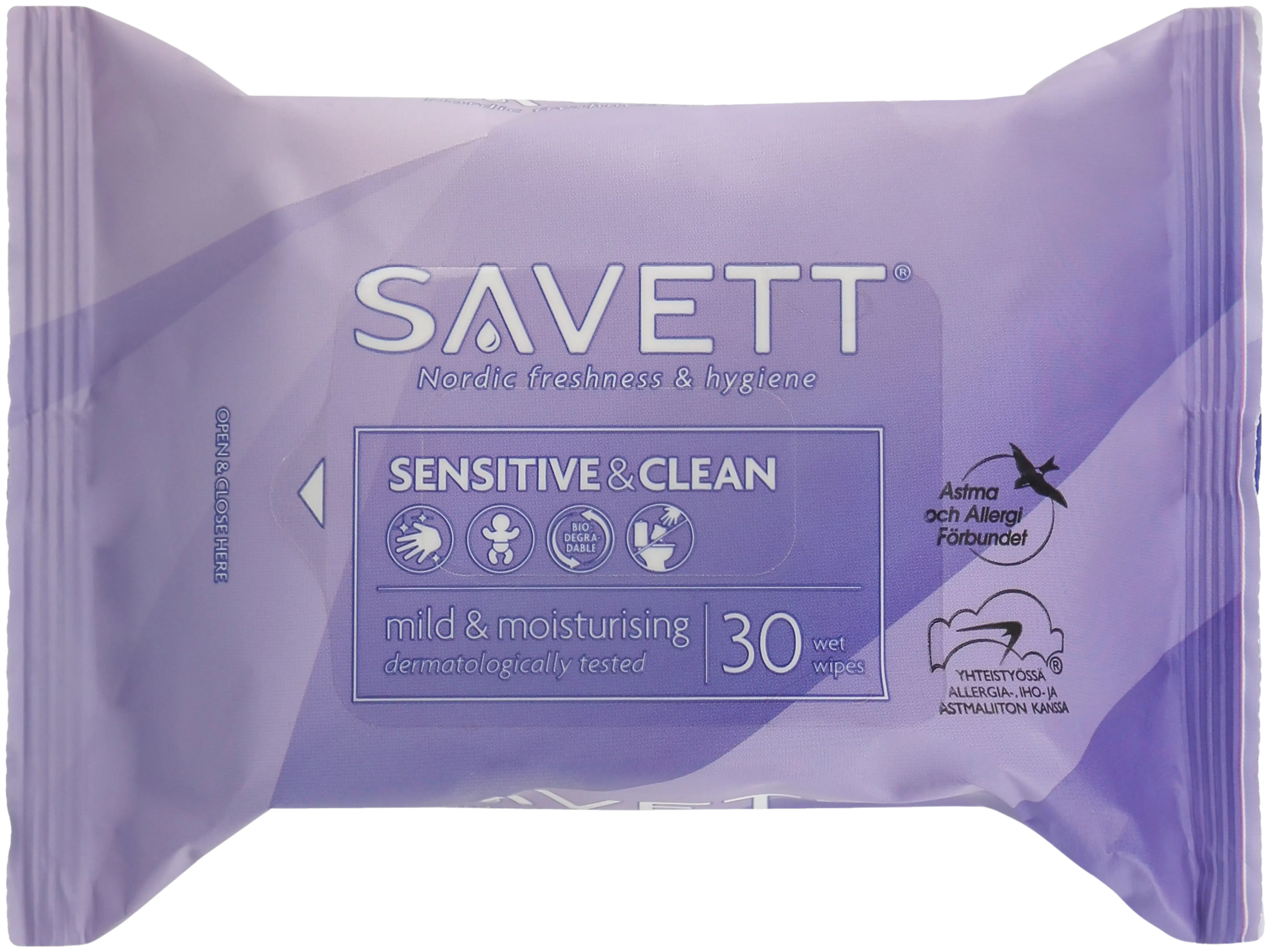 Savett Sensitive & Clean uudelleensuljettava kosteuspyyhe 30kpl