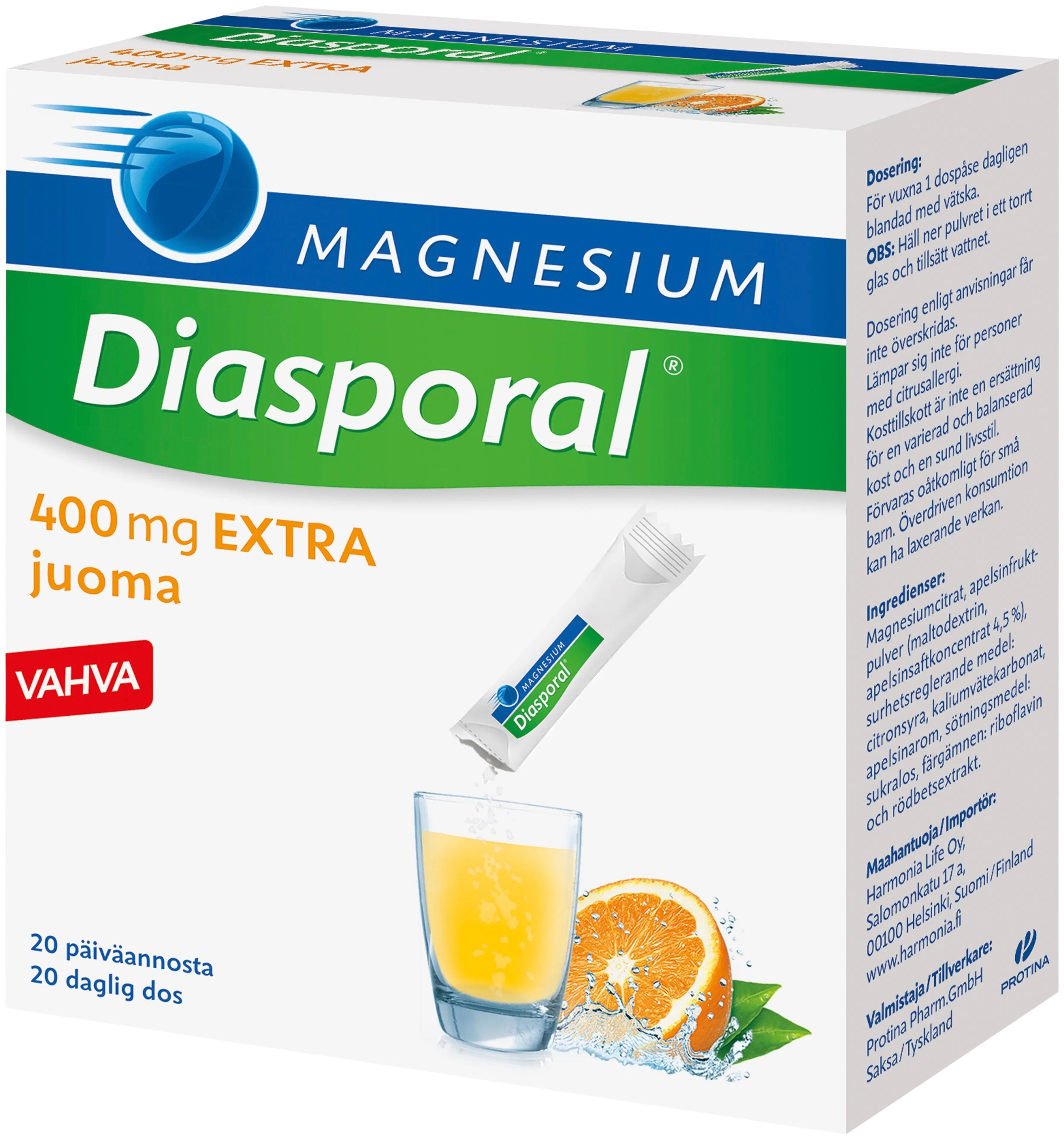 Diasporal appelsiininmakuinen magnesium juomajauhe 400mg Extra ravintolisä 126g/20kpl