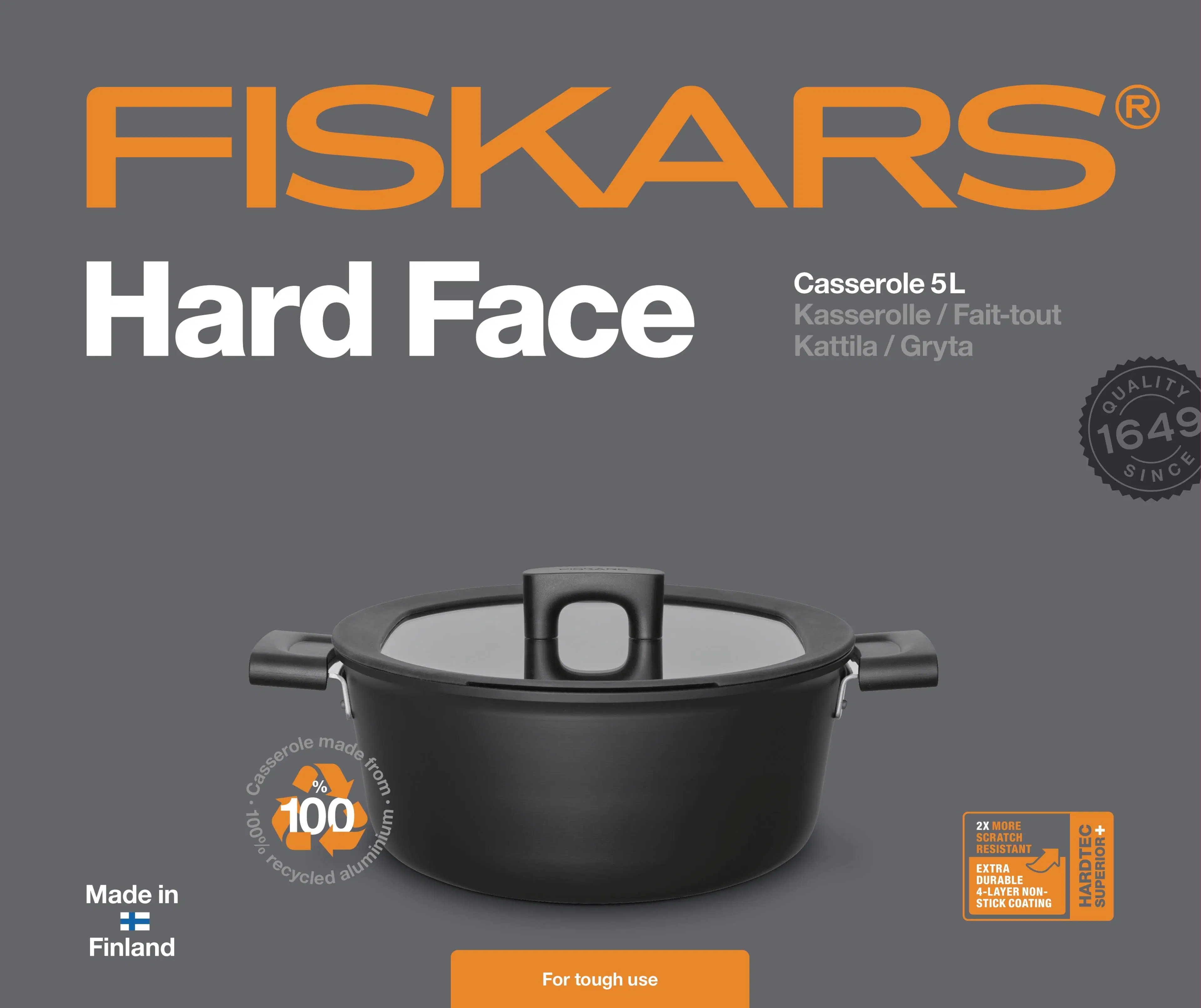 Fiskars Hard Face 5L/26cm kattila kannella