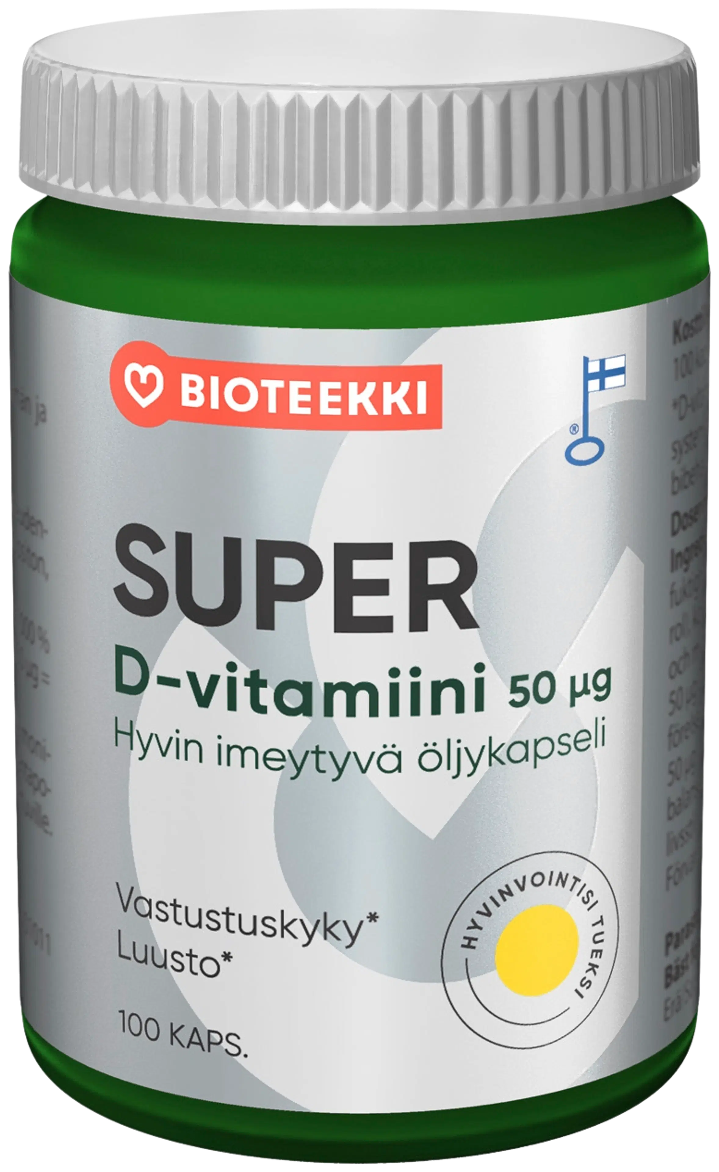 Bioteekki Super D-vitamiini 50 mikrog ravintolisä 100 kaps.