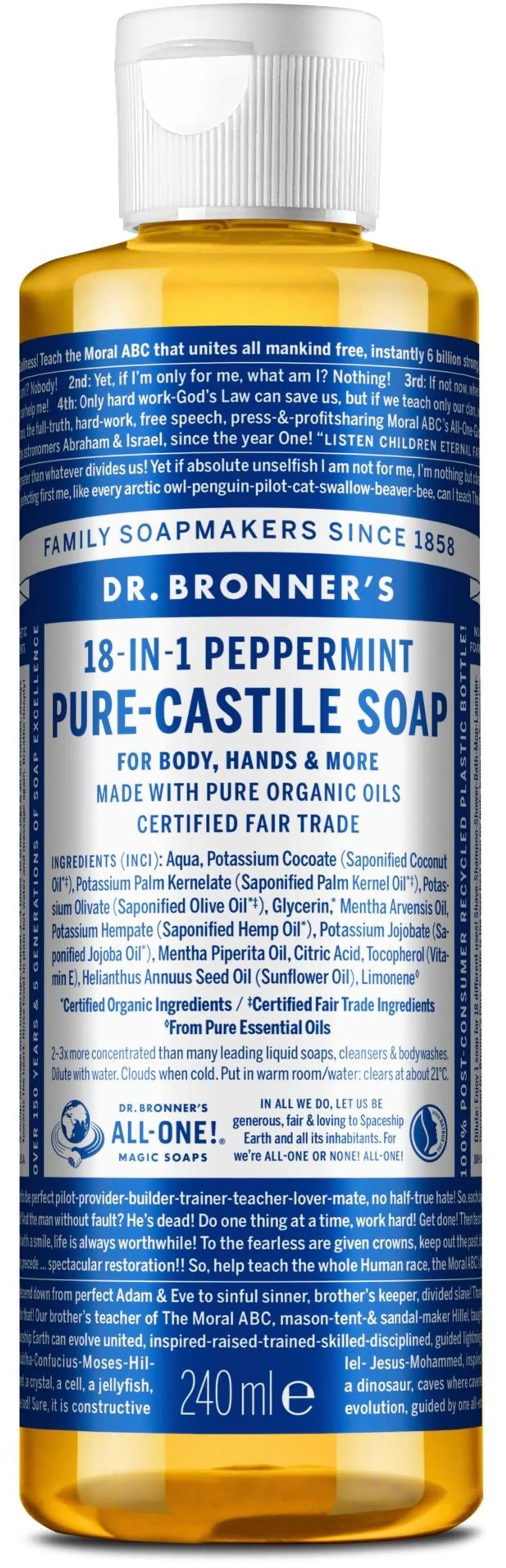 Dr Bronner's Pure Castile liquid soap Peppermint piparminttu Kastilian saippua 240 ml