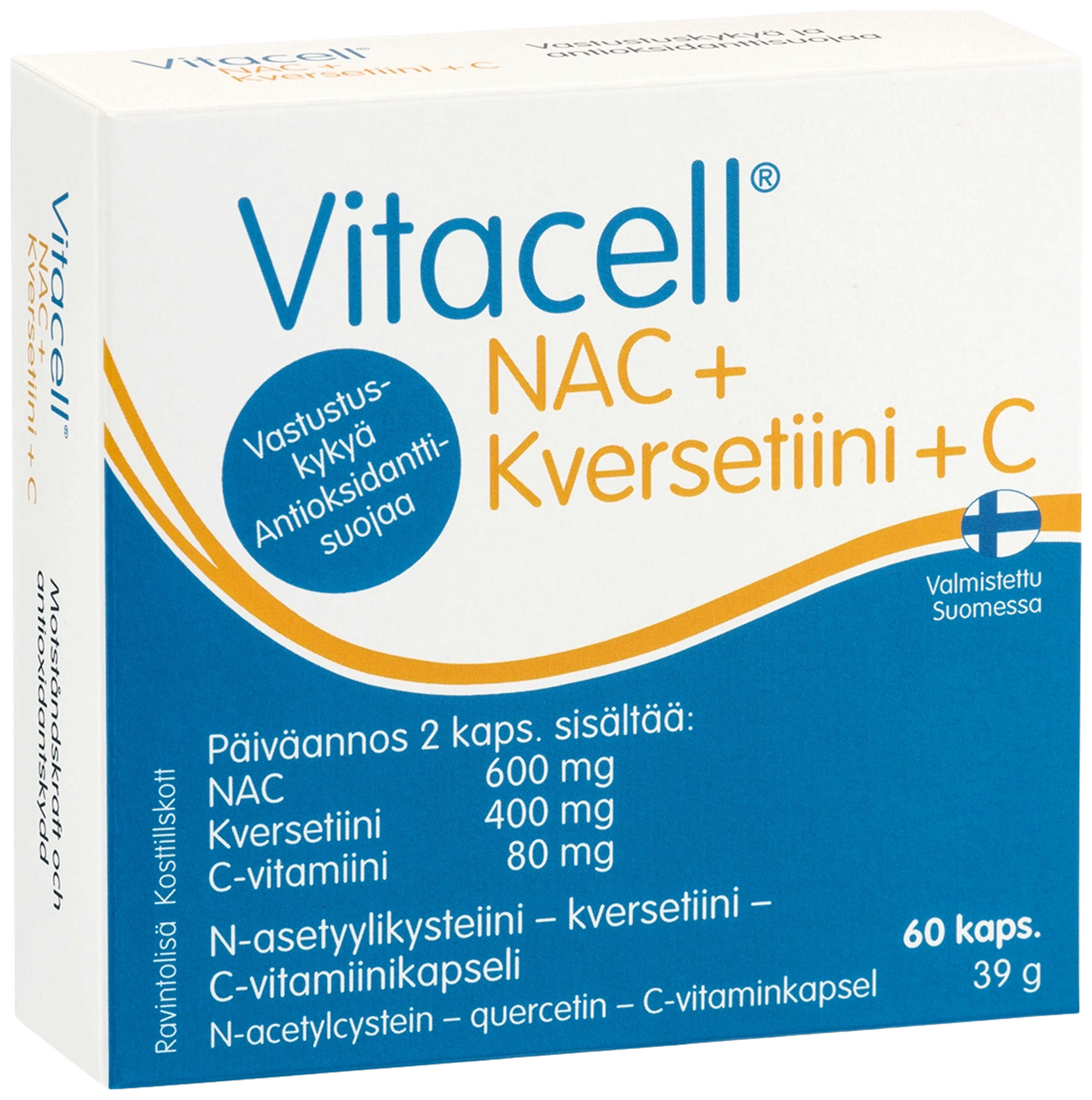 Vitacell NAC + kversetiini + C  N-asetyylikysteiini – kversetiini - C-vitamiinikapseli 60 kaps.