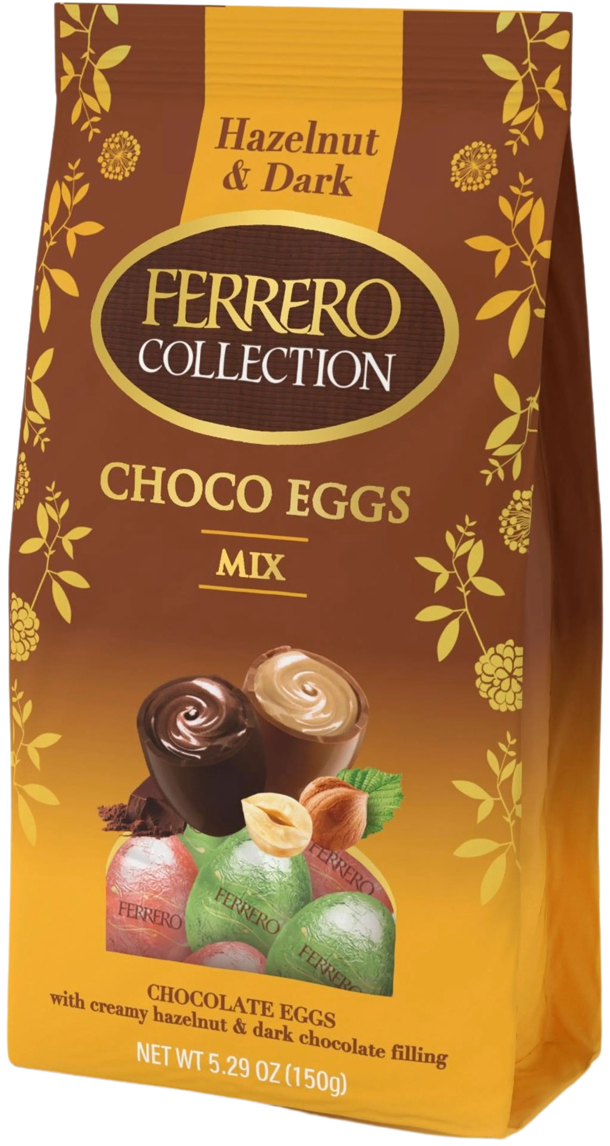 Ferrero Collection minimunasekoitus 150g sisältäen maitosuklaapäällysteisiä hasselpähkinäkreemitäytteisiä ja tummasuklaapäällysteisiä kaakaokreemitäytteisiä minimunia.