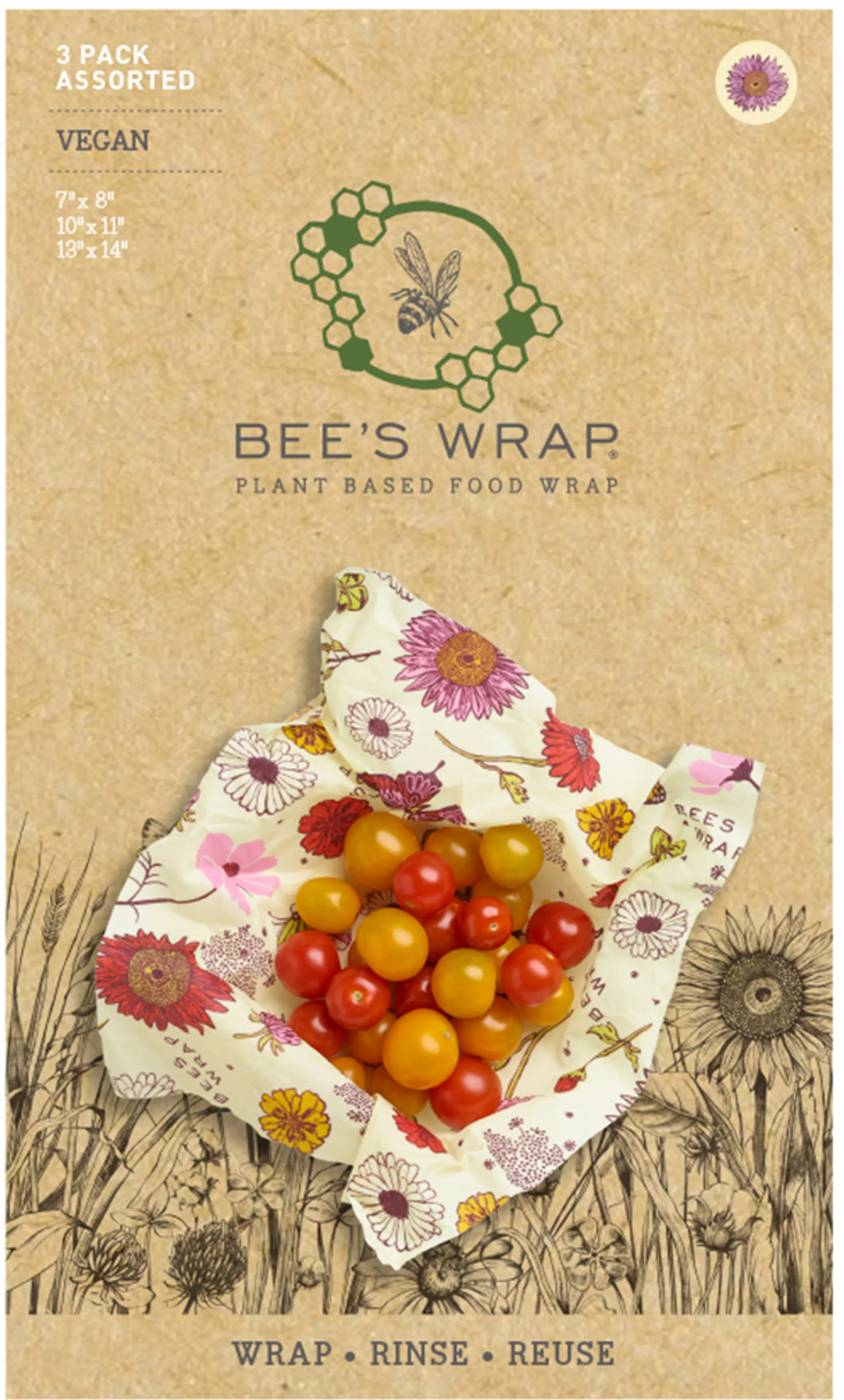 Bee's Wrap kasvipohjainen ruokakääre, 3 kpl (S,M,L) Meadow Magic