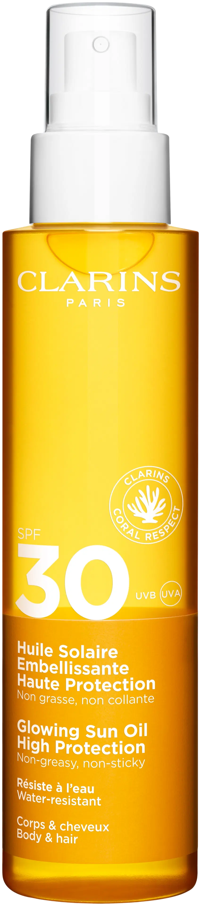Clarins Glowing Sun Oil SPF 30 for body & hair aurinkosuojaöljy 150 ml 