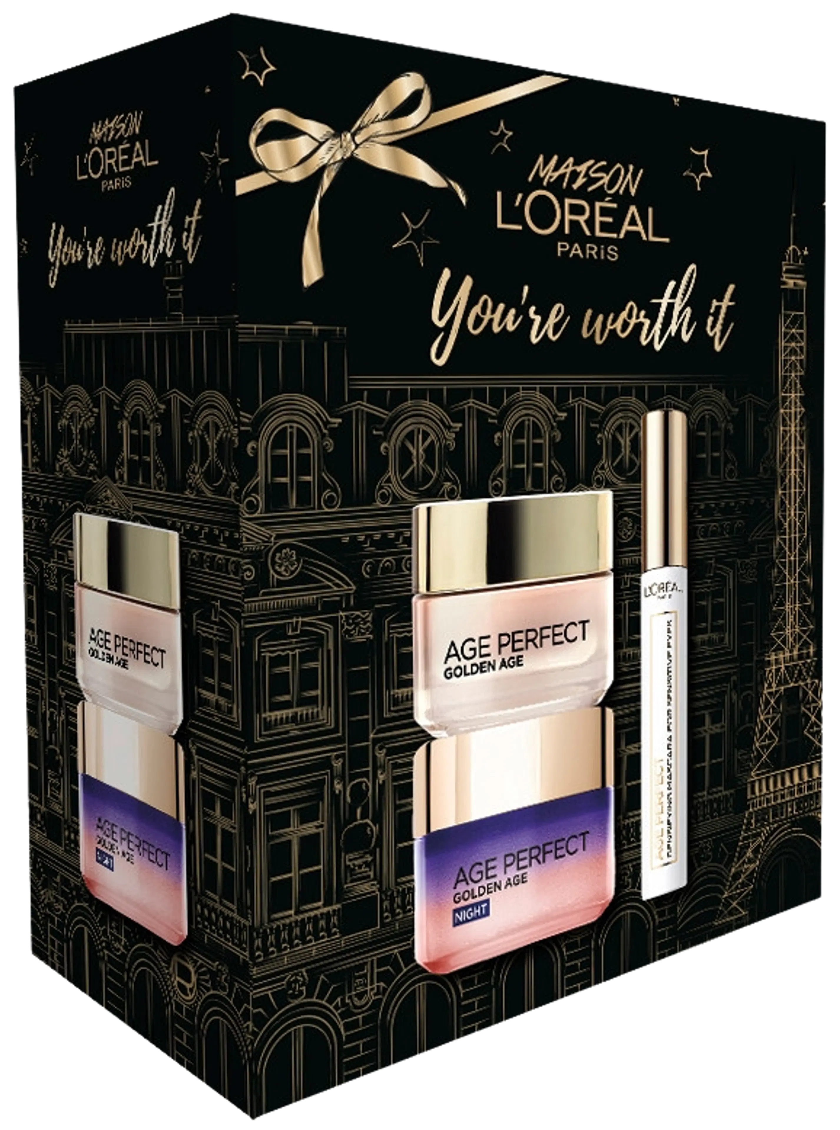 L'Oréal Paris Age Perfect lahjapakkaus - päivävoide 50 ml, yövoide 50 ml ja maskara 7,4 ml