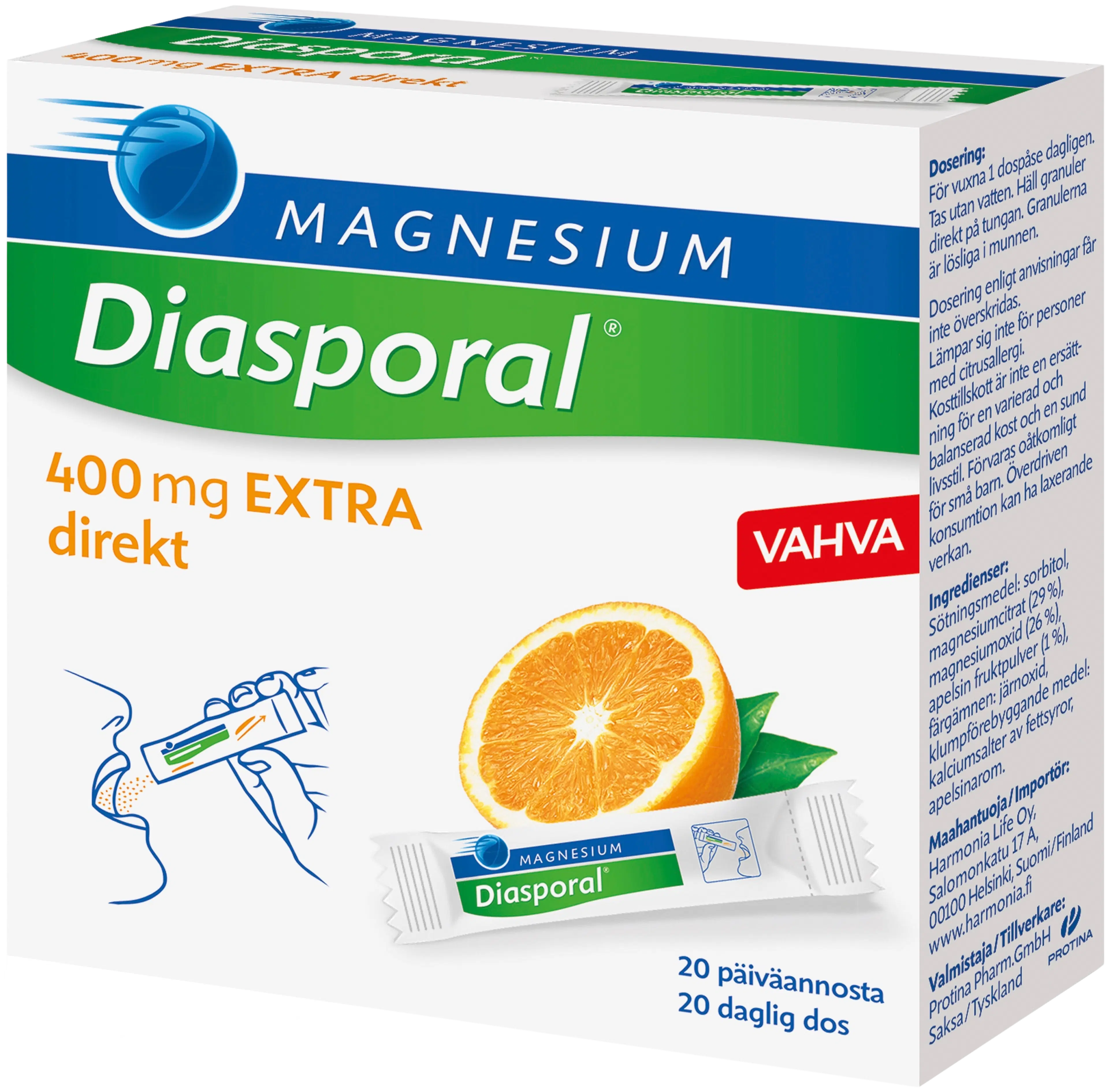 Diasporal appelsiininmakuinen magnesium-annosrae 400mg Extra Direkt ravintolisä 44g/20kpl