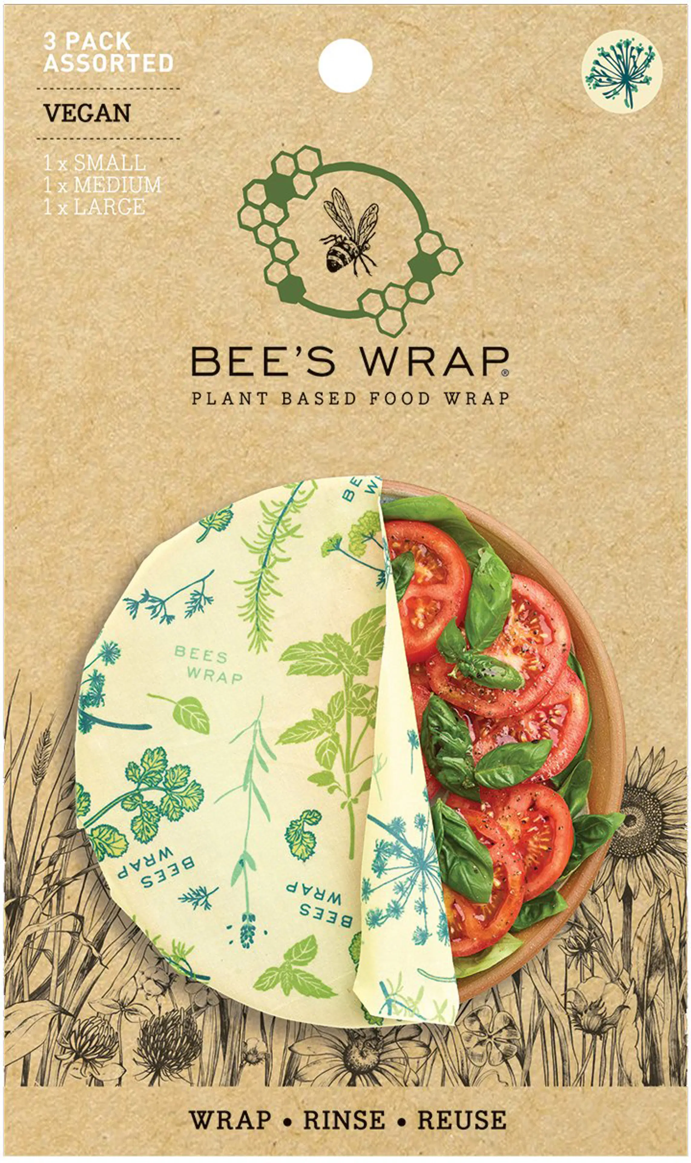 Bee's Wrap kasvipohjainen ruokakääre, 3 kpl (S,M,L) Herb Garden