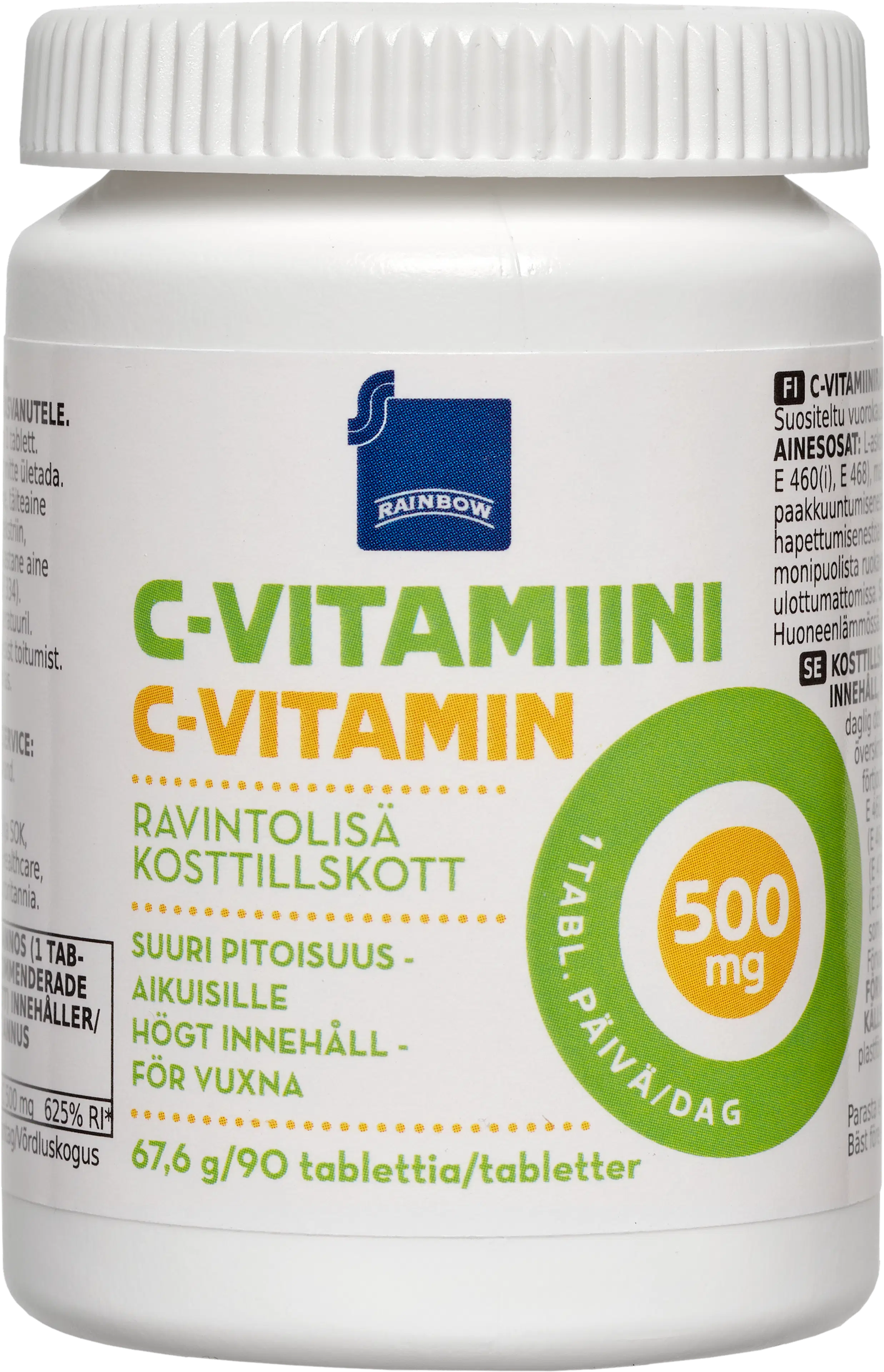 Rainbow C-vitamiini 500mg ravintolisä suuri pitoisuus aikuisille 67,6 g/90 tablettia