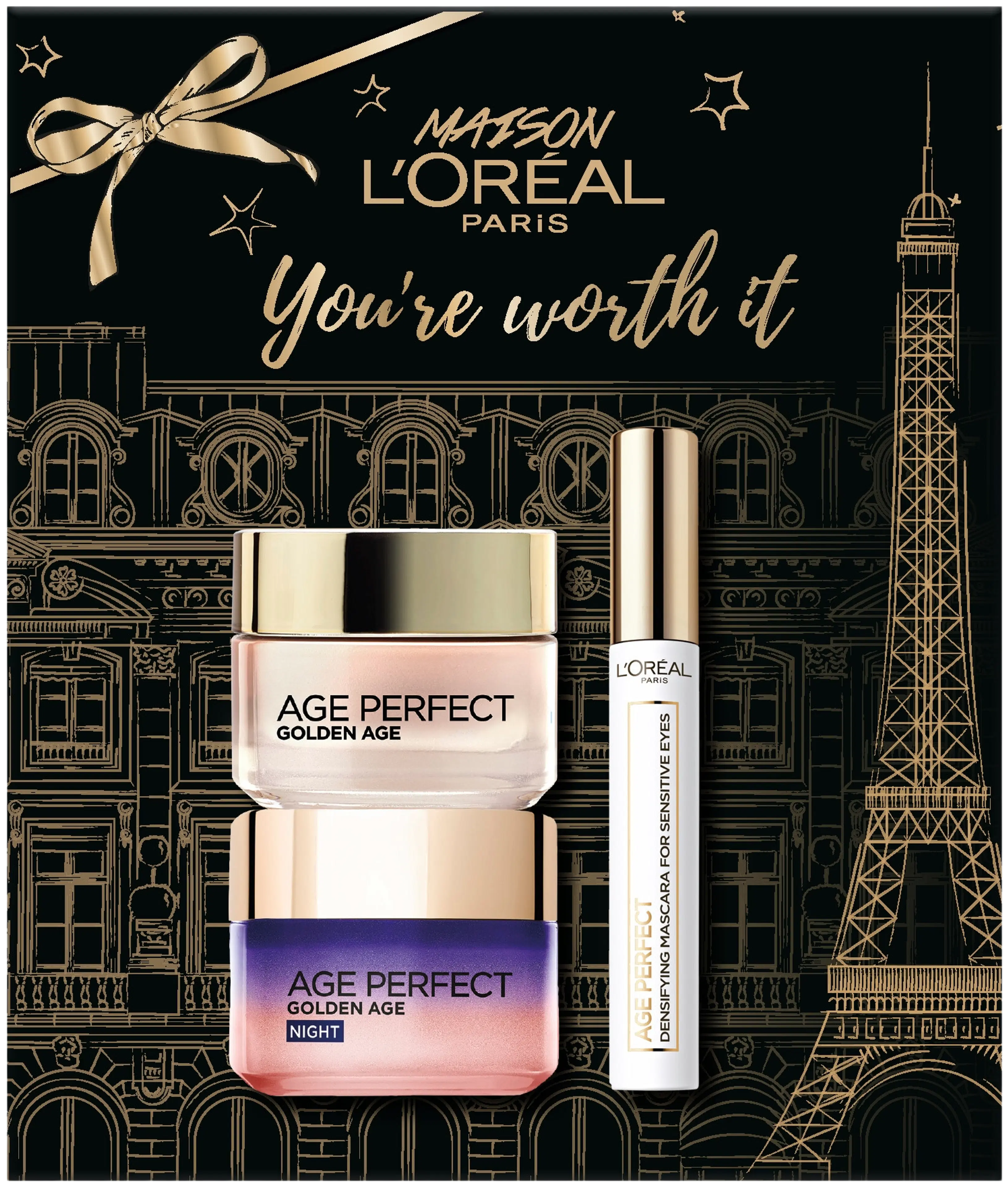 L'Oréal Paris Age Perfect lahjapakkaus - päivävoide 50 ml, yövoide 50 ml ja maskara 7,4 ml