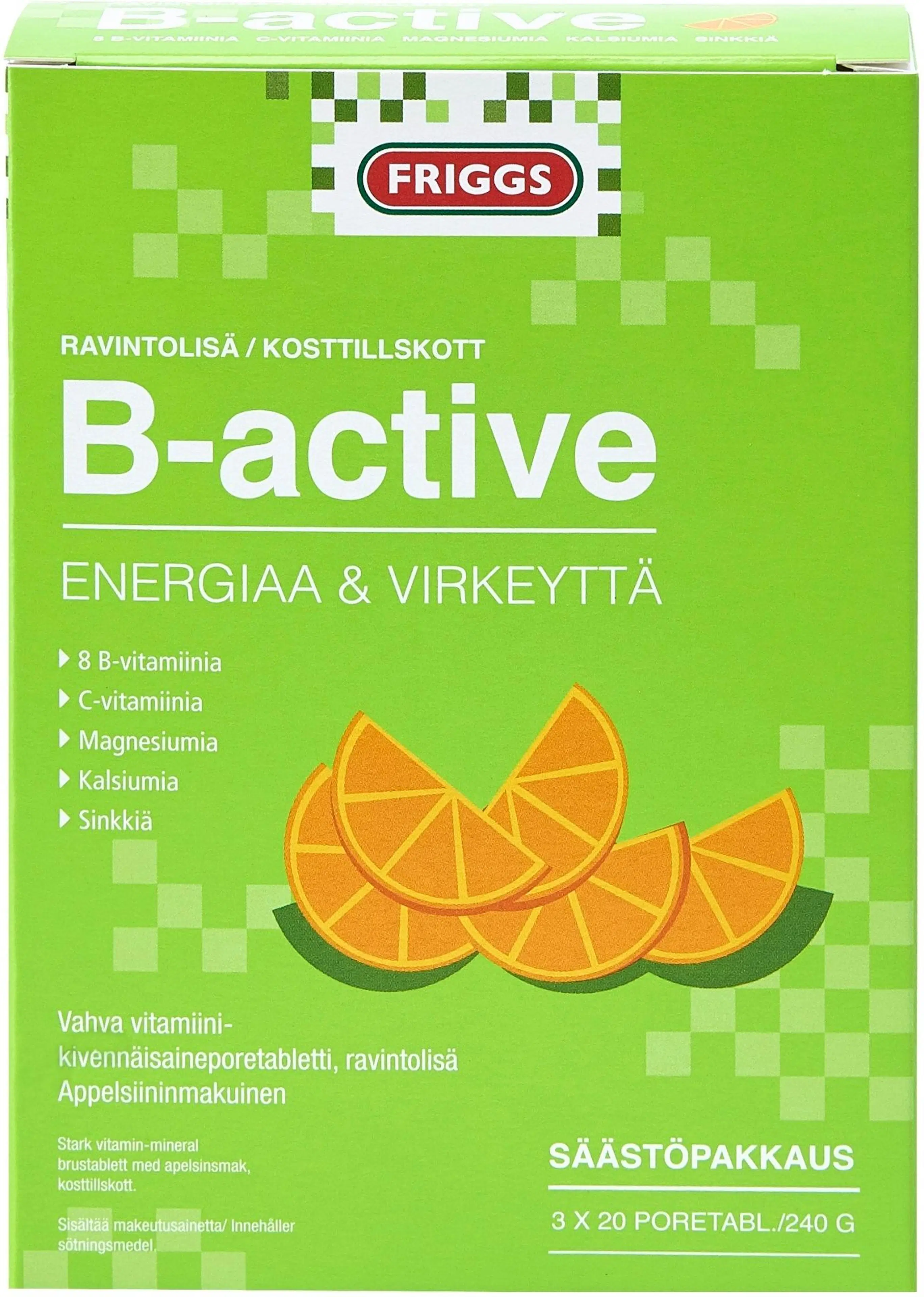 Friggs B-Active vahva B-vitamiini poretabletti, 8 eri vitamiinia, säästöpakkaus 3x20kpl