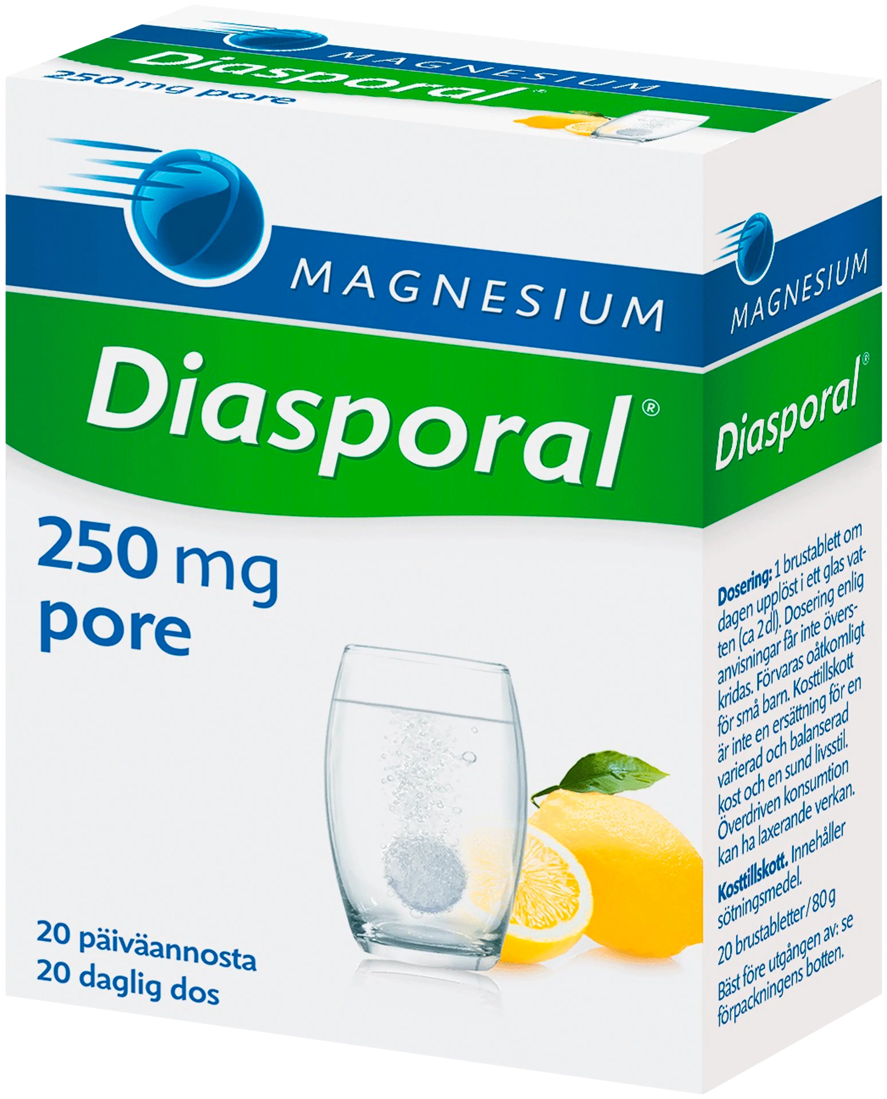 Diasporal sitruunanmakuinen magnesium 250mg poretabletti ravintolisä 80g/20tabl