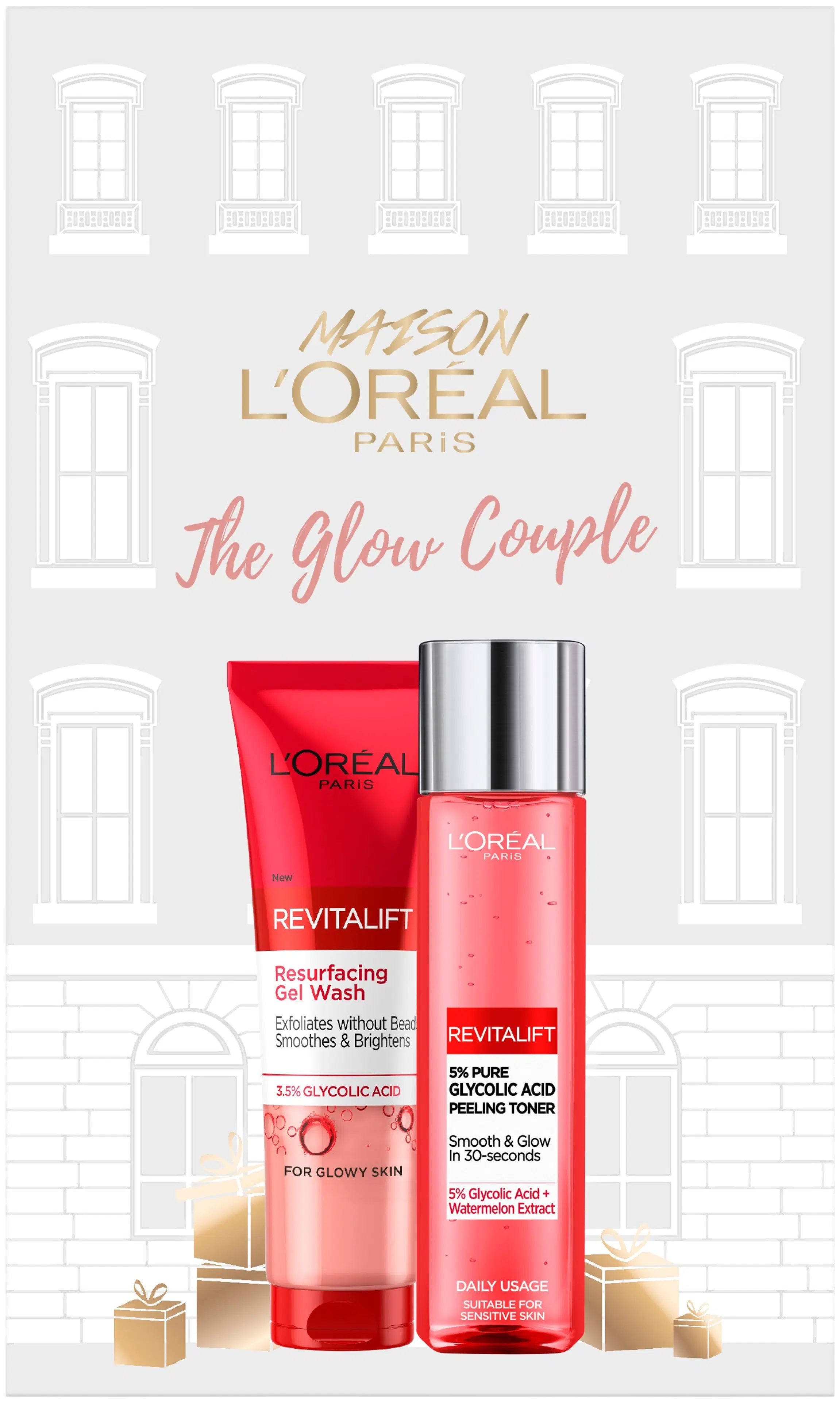 L'Oréal Paris Glow Couple lahjapakkaus - puhdistusgeeli 150 ml ja kasvovesi 180 ml