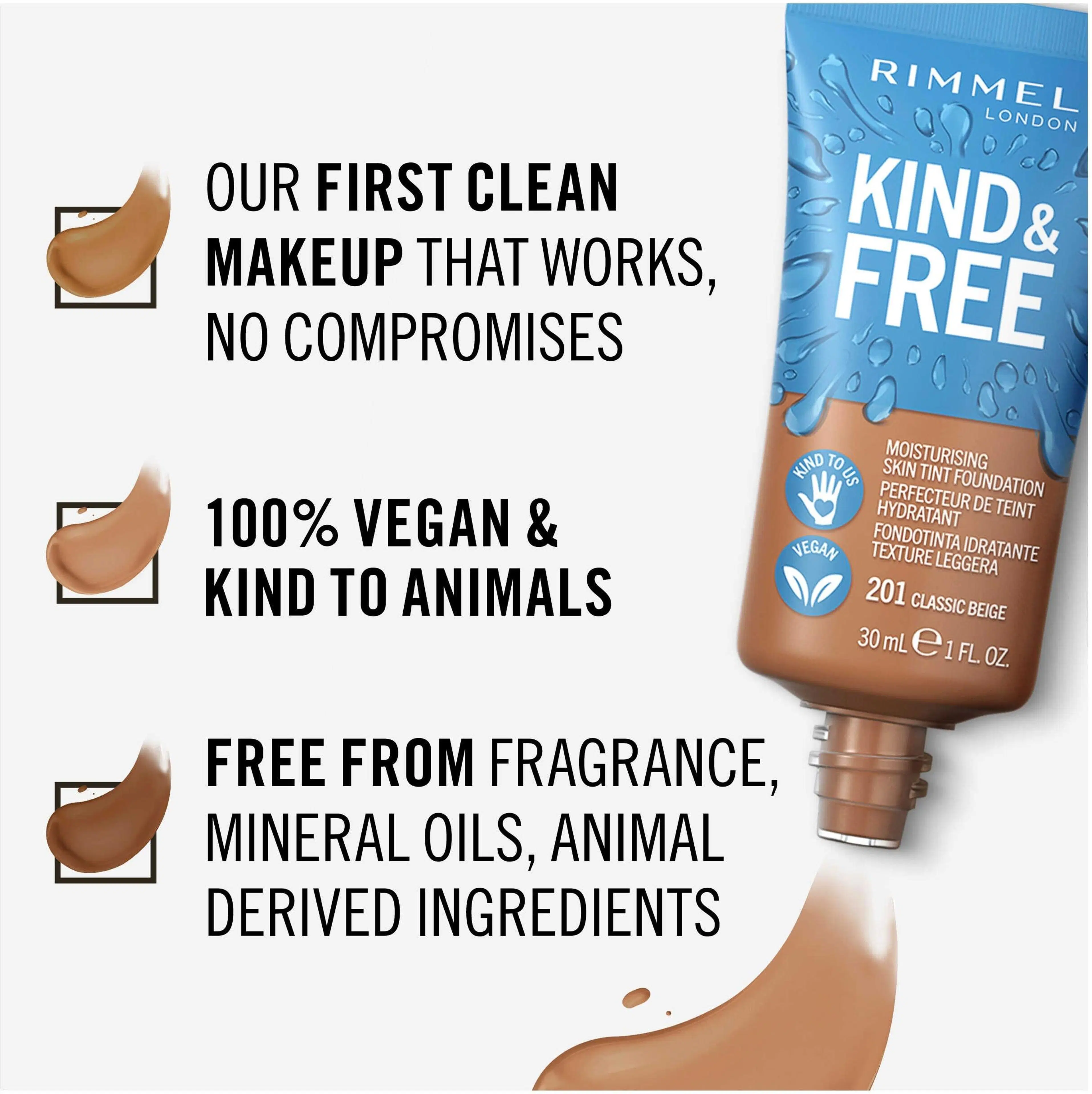 Rimmel Kind & Free Skin Tint Foundation 30 ml, 201 Classic Beige meikkivoide