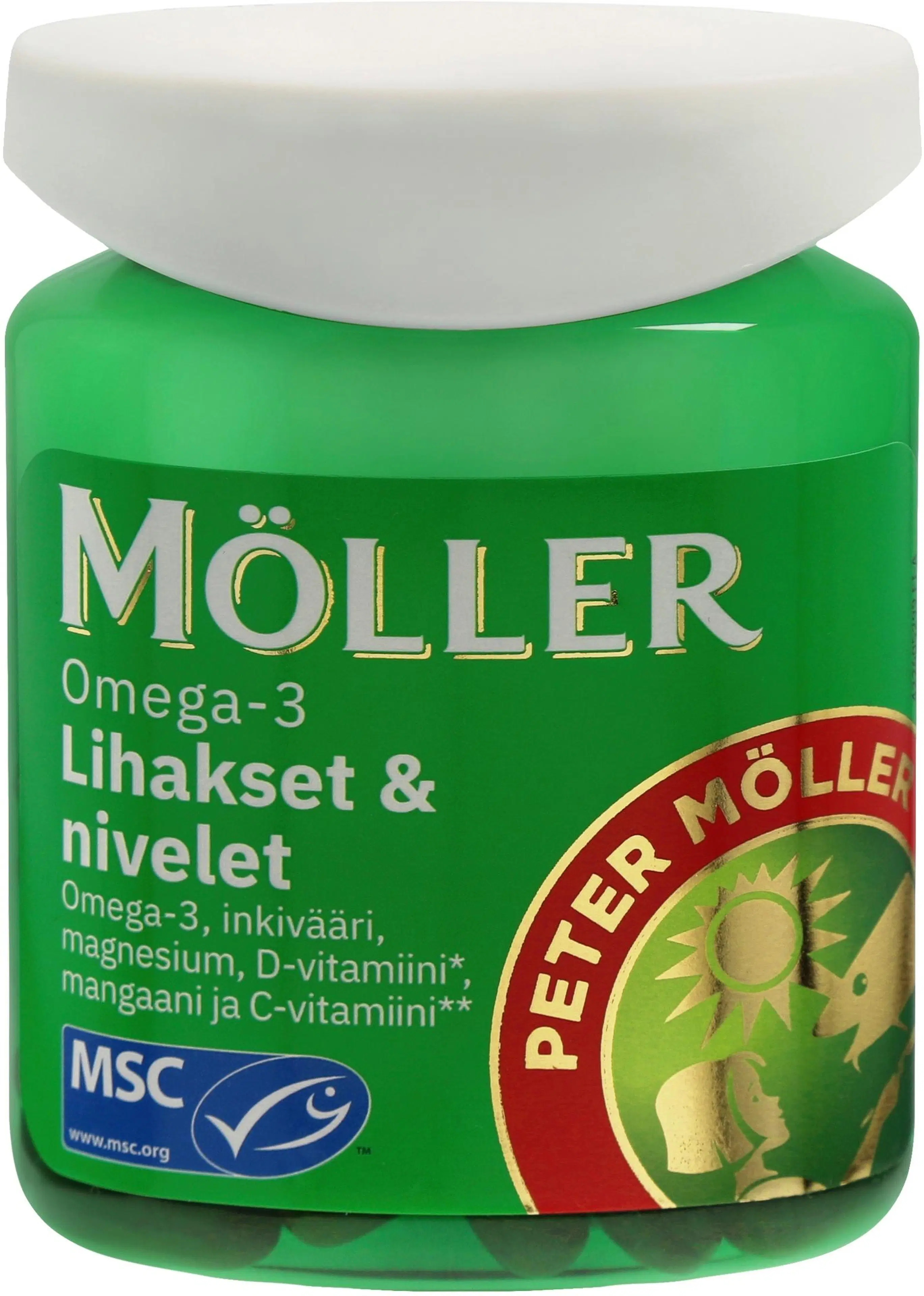 Möller Omega-3 Lihakset & nivelet Omega-3-rasvahappo-inkivääri-vitamiini-kivennäisainekapseli ravintolisä 81g/60kaps