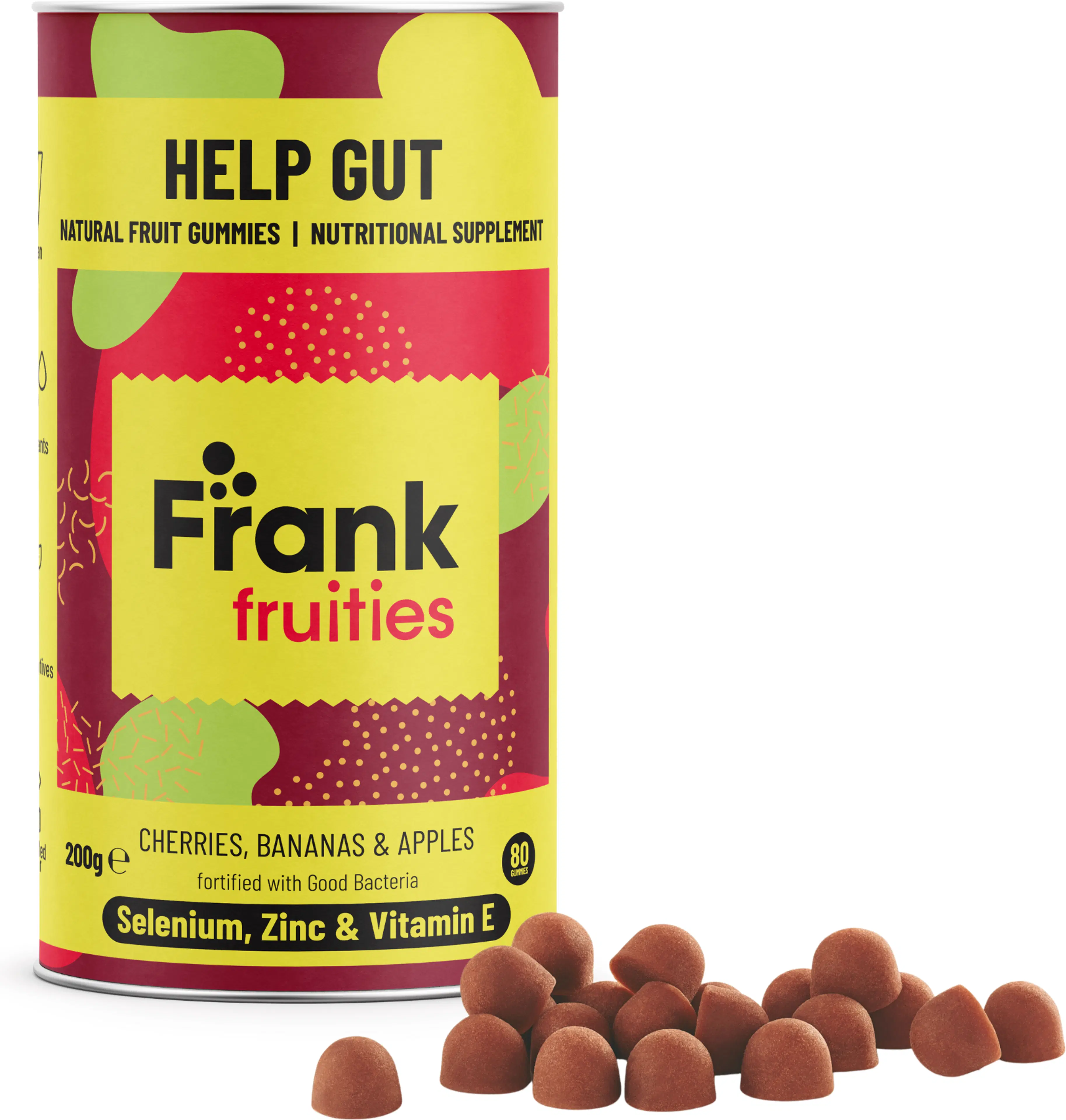 Frank fruities Help Gut maitohappobakteeri-E-vitamiini-sinkki-seleenivalmiste ravintolisä 80 kpl 200 g