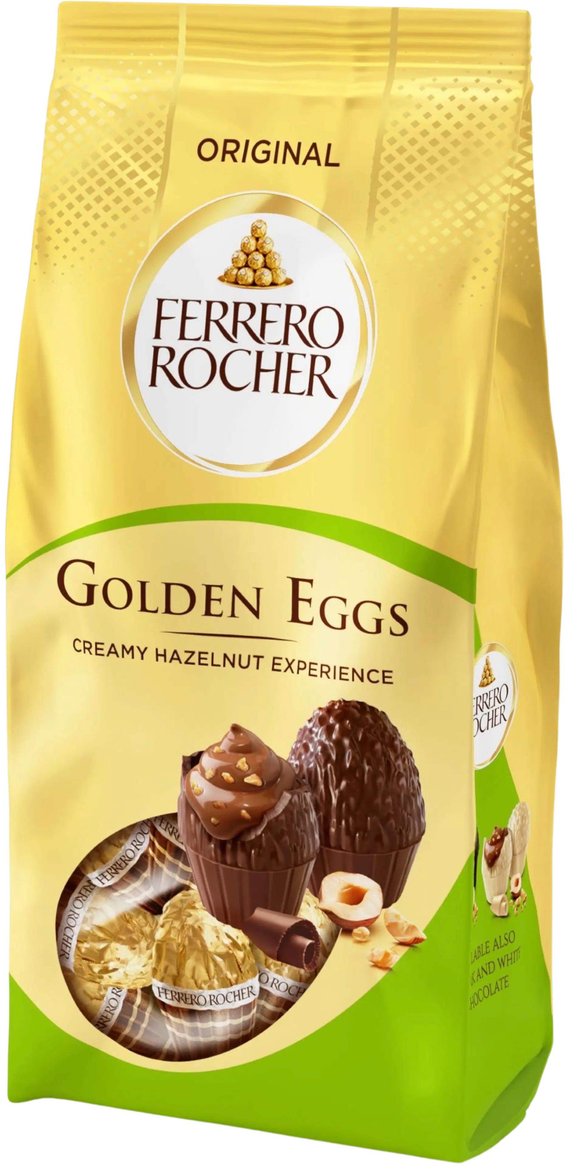 Ferrero Rocher Golden-suklaatäytemunia 90g. Maitosuklaata hasselpähkinä-kaakaotäytteellä (36,5 %), jossa hasselpähkinä- ja vehnärouhetta.