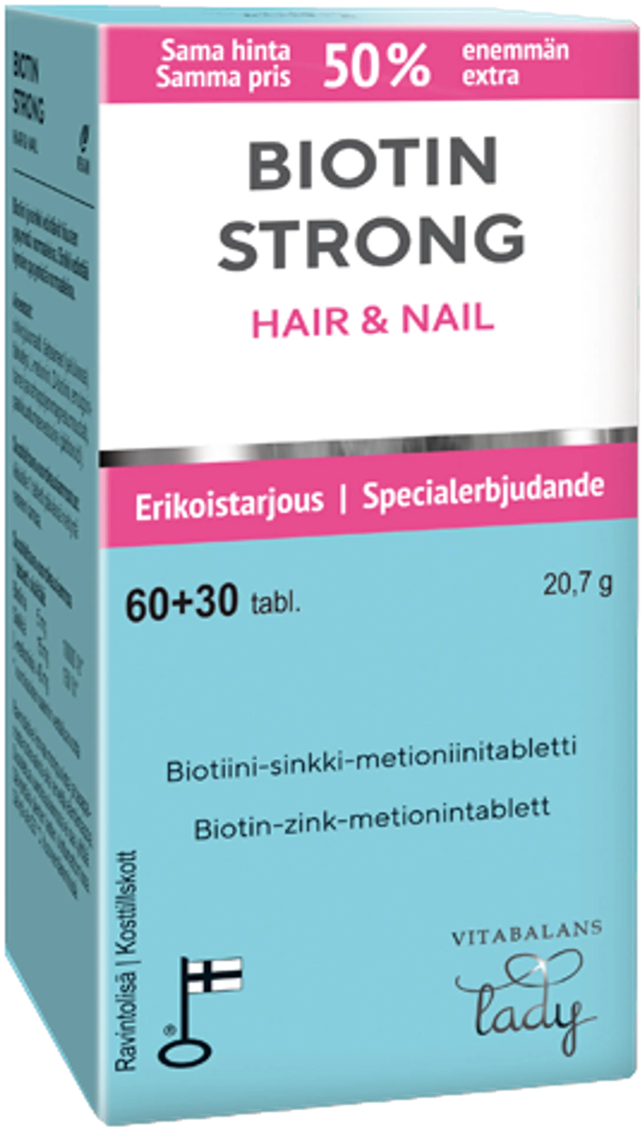 Biotin Strong 90 tabl., kotimainen biotiini-sinkki-metioniinitabletti,  kampanjapakkaus, Vitabalans