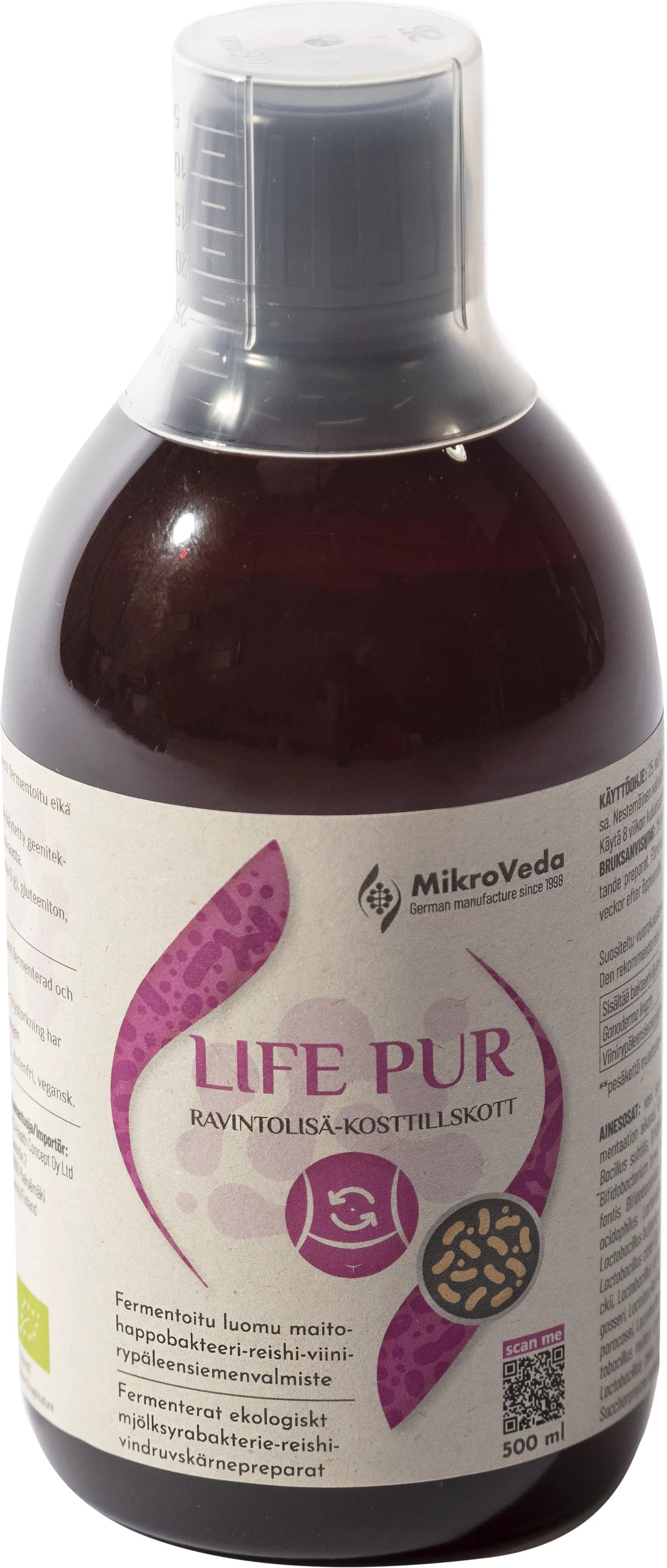 MikroVeda Life Pur maitohappobakteeri-reishi-viinirypäleensiemenvalmiste ravintolisä 500 ml