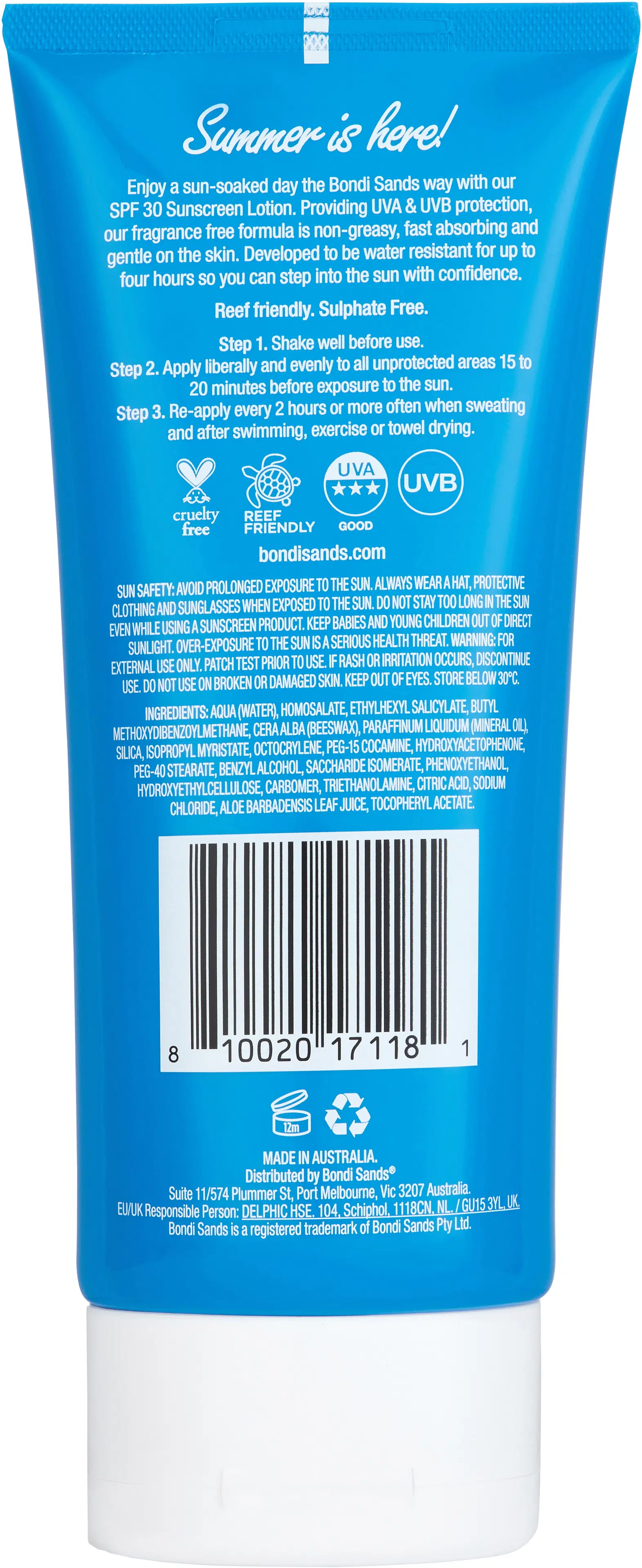 Bondi Sands Water Resistant Lotion SPF 30 hajusteeton aurinkovoide 150 ml