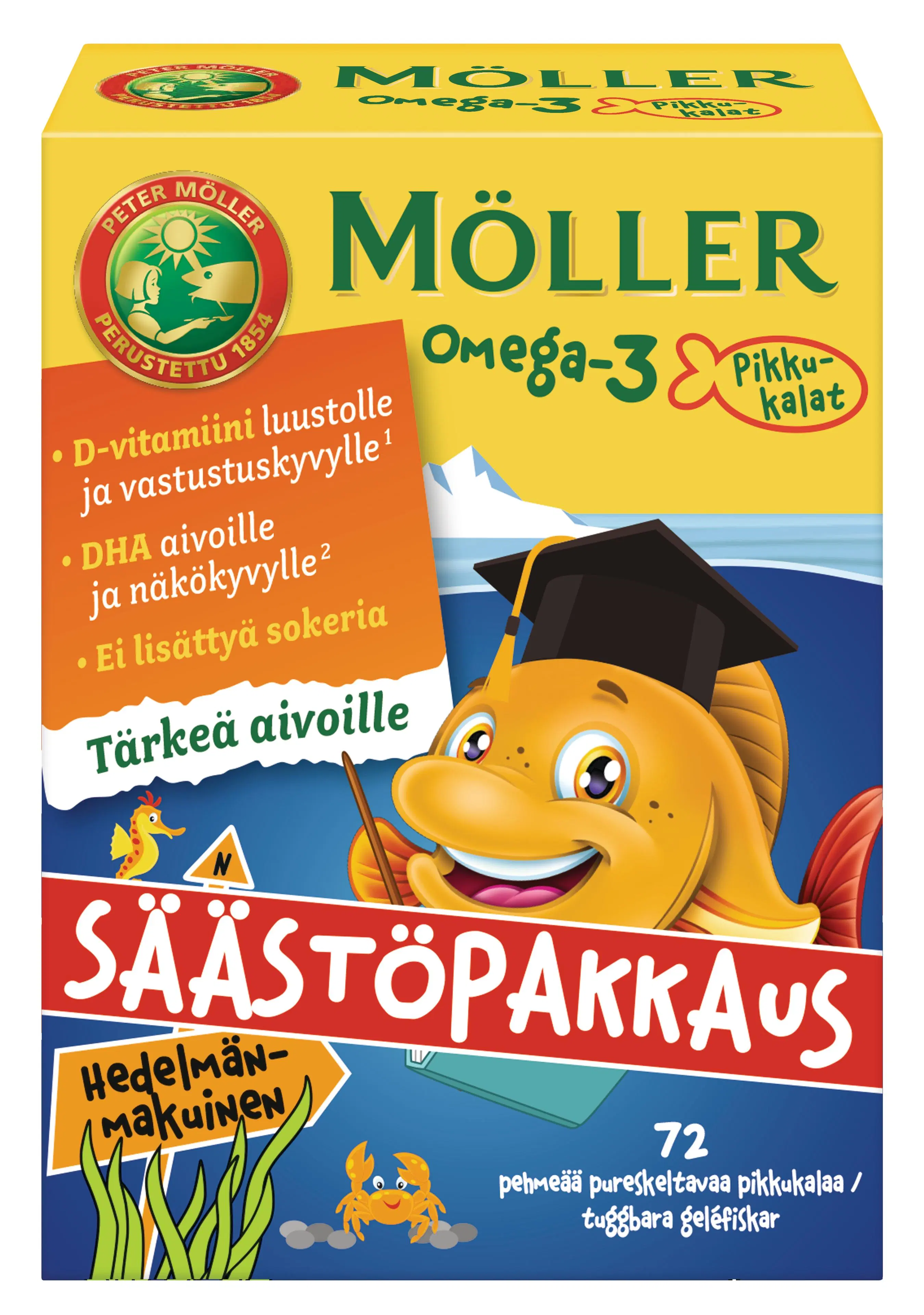 Möller Omega-3 Pikkukalat säästöpakkaus hedelmänmakuinen pehmeä pureskeltava 72kpl