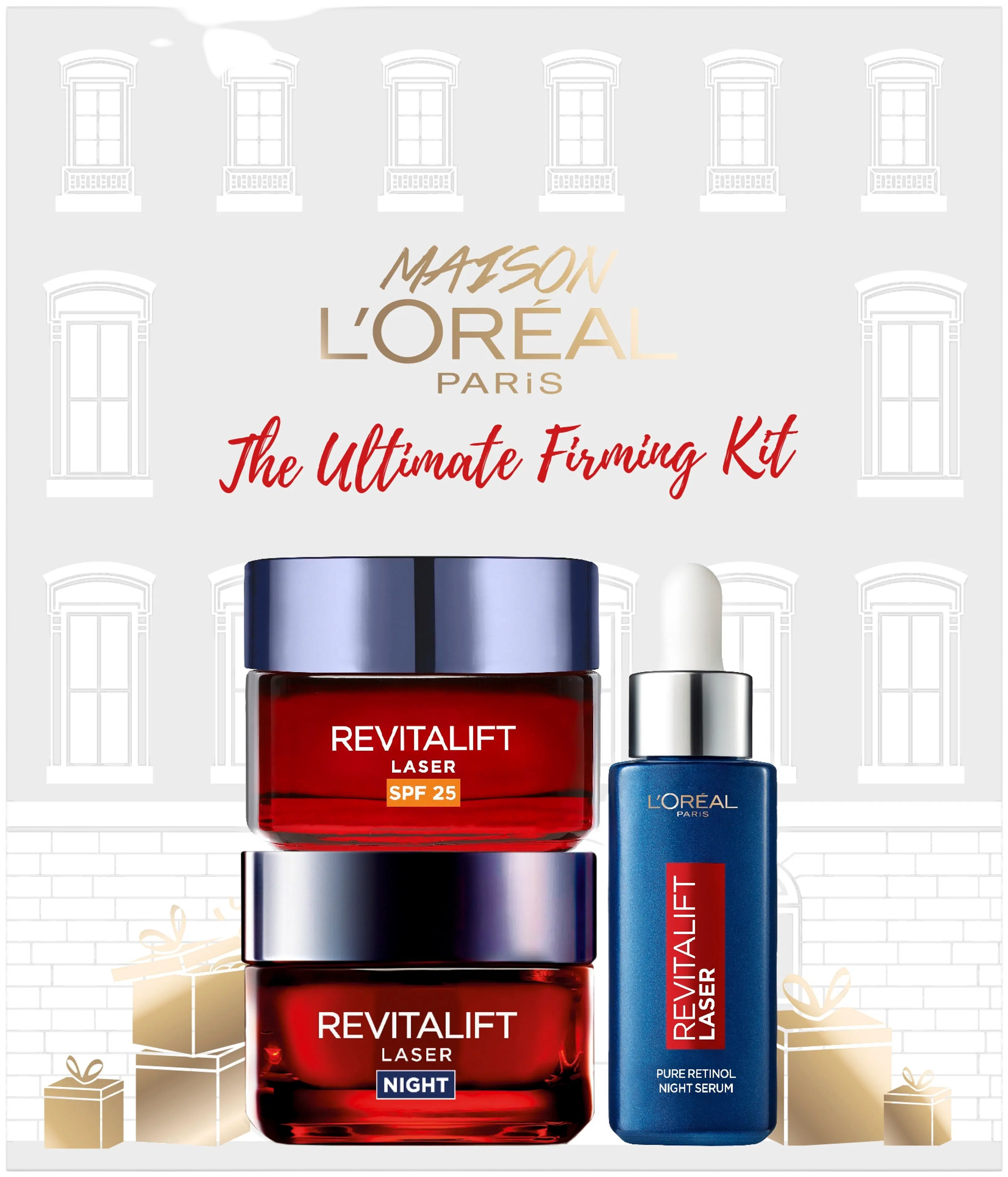 L'Oréal Paris Ultimate Firming Kit lahjapakkaus - päivävoide 50 ml, yövoide 50 ml ja yöseerumi 30 ml